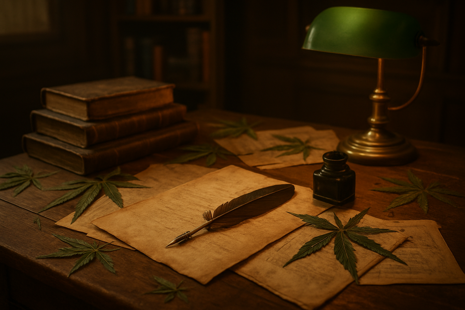 Create a realistic image of an antique wooden desk with aged parchment papers, old leather-bound books, and a vintage quill pen with ink well, surrounded by dried cannabis leaves and early 20th century business documents, set in a dimly lit historical office with warm golden lighting from a banker's lamp, evoking a sense of historical research and discovery of early cannabis industry origins, with subtle green tones throughout the scene to represent the cannabis theme, absolutely NO text should be in the scene.