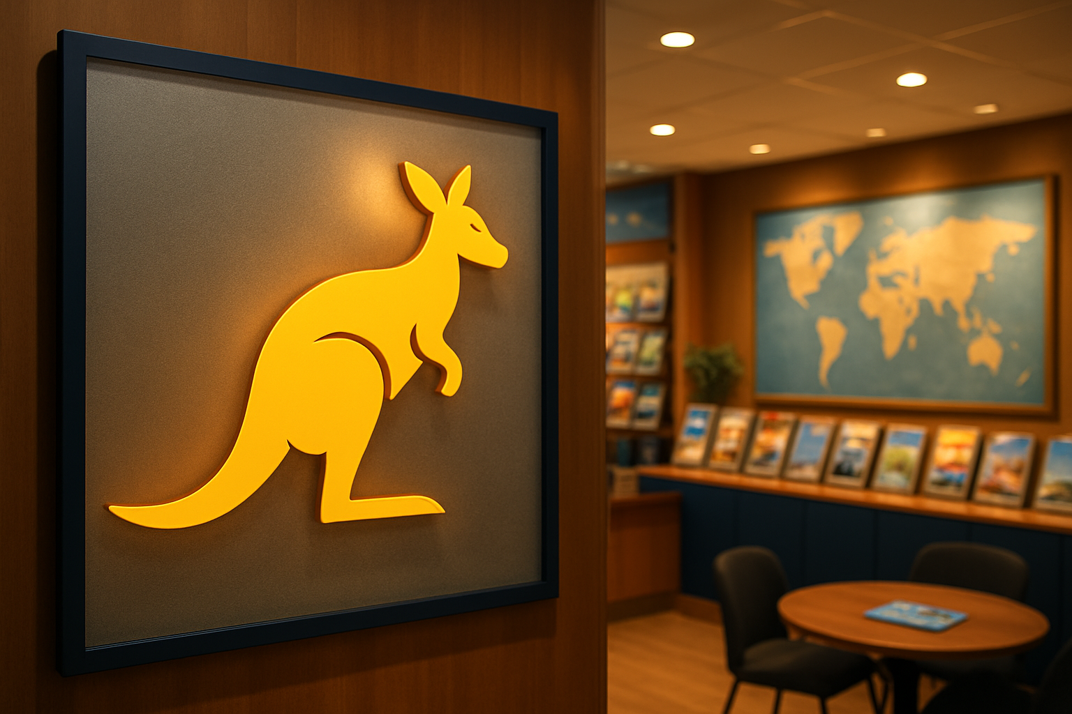 realistic image of a professional travel agency storefront or logo display featuring a kangaroo symbol prominently, with a vibrant and modern office setting in the background showing travel brochures, a world map on the wall, and a welcoming atmosphere that conveys trust and affordability in travel services, warm and inviting lighting highlighting the kangaroo mascot as a central element, conveying a sense of adventure and travel expertise. Absolutely NO text should be in the scene.