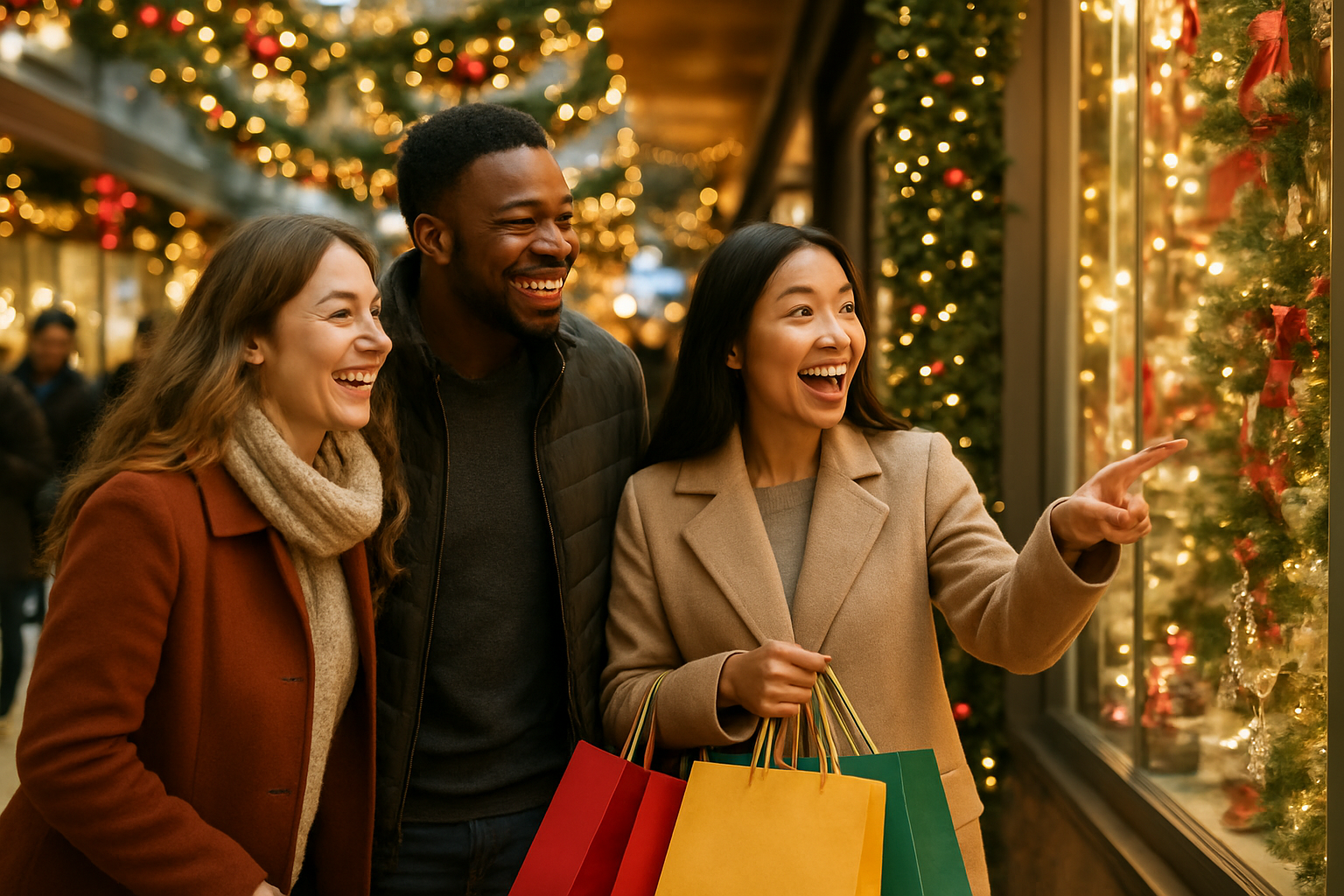 Create a realistic image of a diverse group of people enjoying Christmas shopping together in a bustling shopping mall, showing a white female and black male laughing while looking at holiday decorations, with an Asian female carrying colorful shopping bags and pointing excitedly at a store window display, surrounded by festive Christmas decorations including garlands and twinkling lights, with other shoppers visible in the background creating a warm social atmosphere, soft warm lighting from overhead and store windows, capturing the joy and social interaction of in-person holiday shopping experience, absolutely NO text should be in the scene.