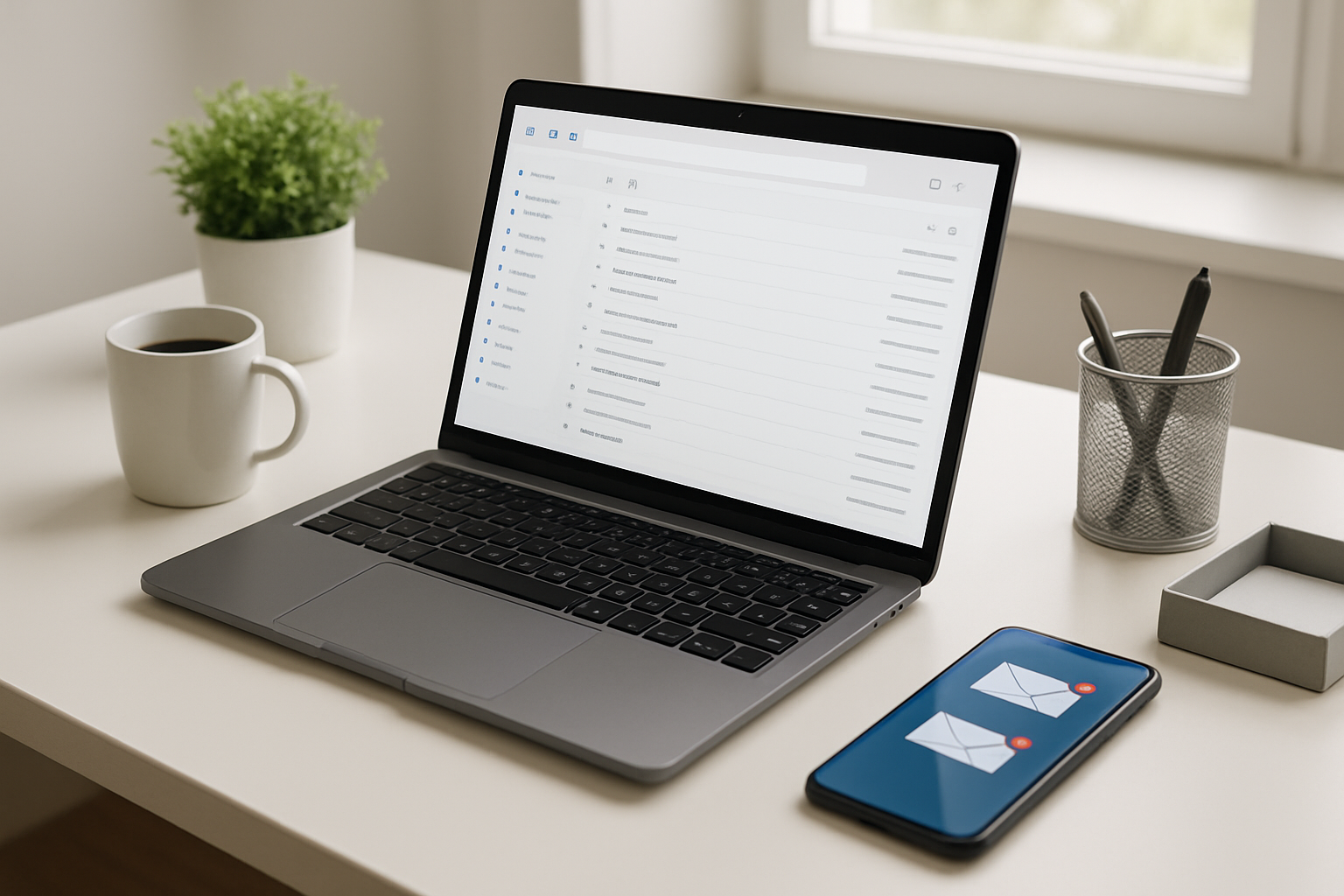 Create a realistic image of a modern laptop computer open on a clean white desk showing an organized email inbox interface on the screen, with a smartphone placed nearby displaying email notifications, a coffee mug, a small potted plant, and organized desk accessories in soft natural lighting from a window, creating a productive and organized workspace atmosphere, absolutely NO text should be in the scene.