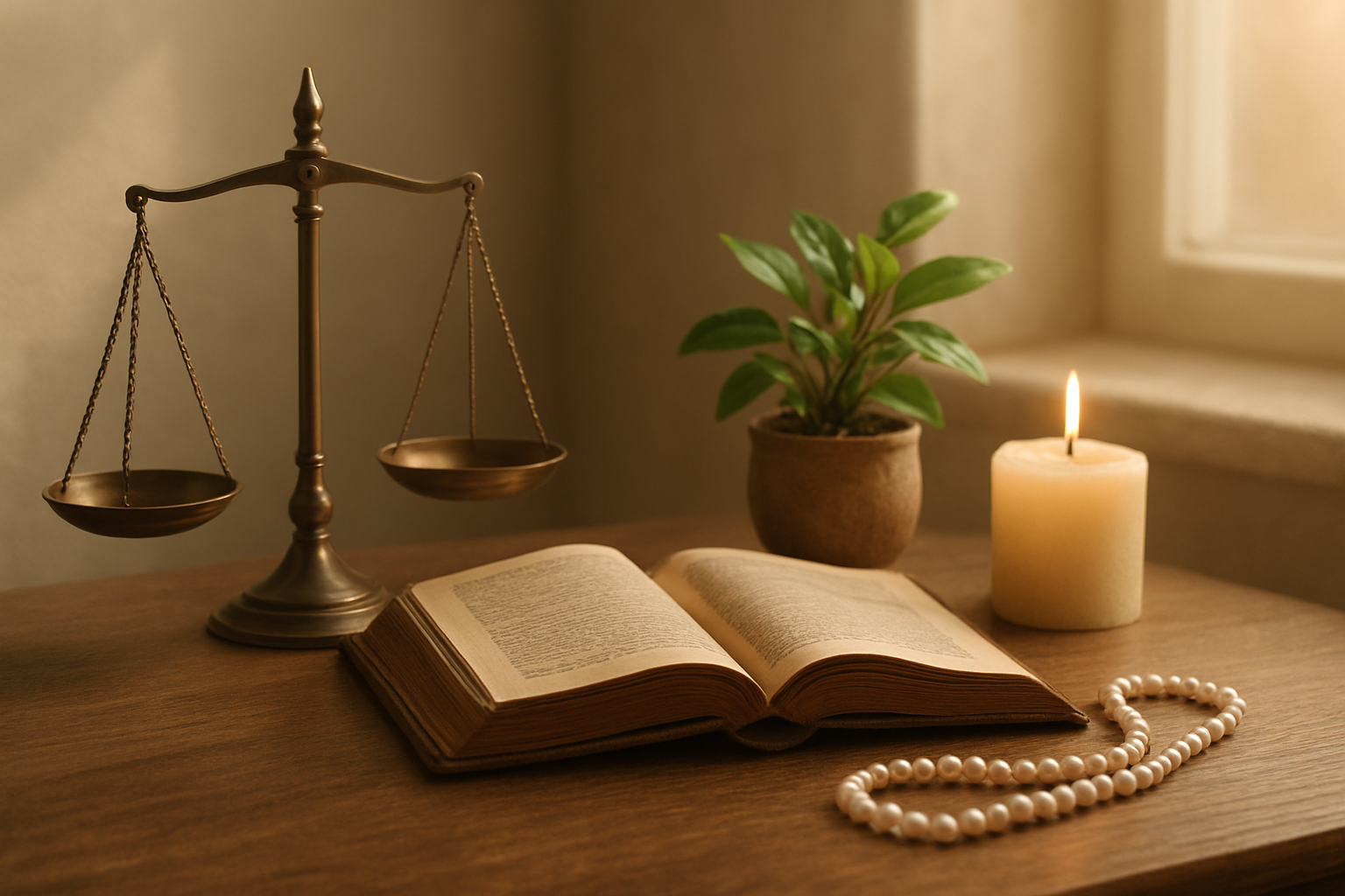 Create a realistic image of a serene indoor setting with soft, warm natural lighting streaming through a window, featuring elegant symbolic elements that represent virtue and character including a delicate balance scale, an open leather-bound book, a small potted plant with flourishing green leaves, a lit candle casting a gentle glow, and a string of pearls draped gracefully on a wooden surface, all arranged in a harmonious composition that conveys wisdom, integrity, and moral strength, with a peaceful background of neutral tones and subtle textures that create an atmosphere of contemplation and spiritual reflection, absolutely NO text should be in the scene.