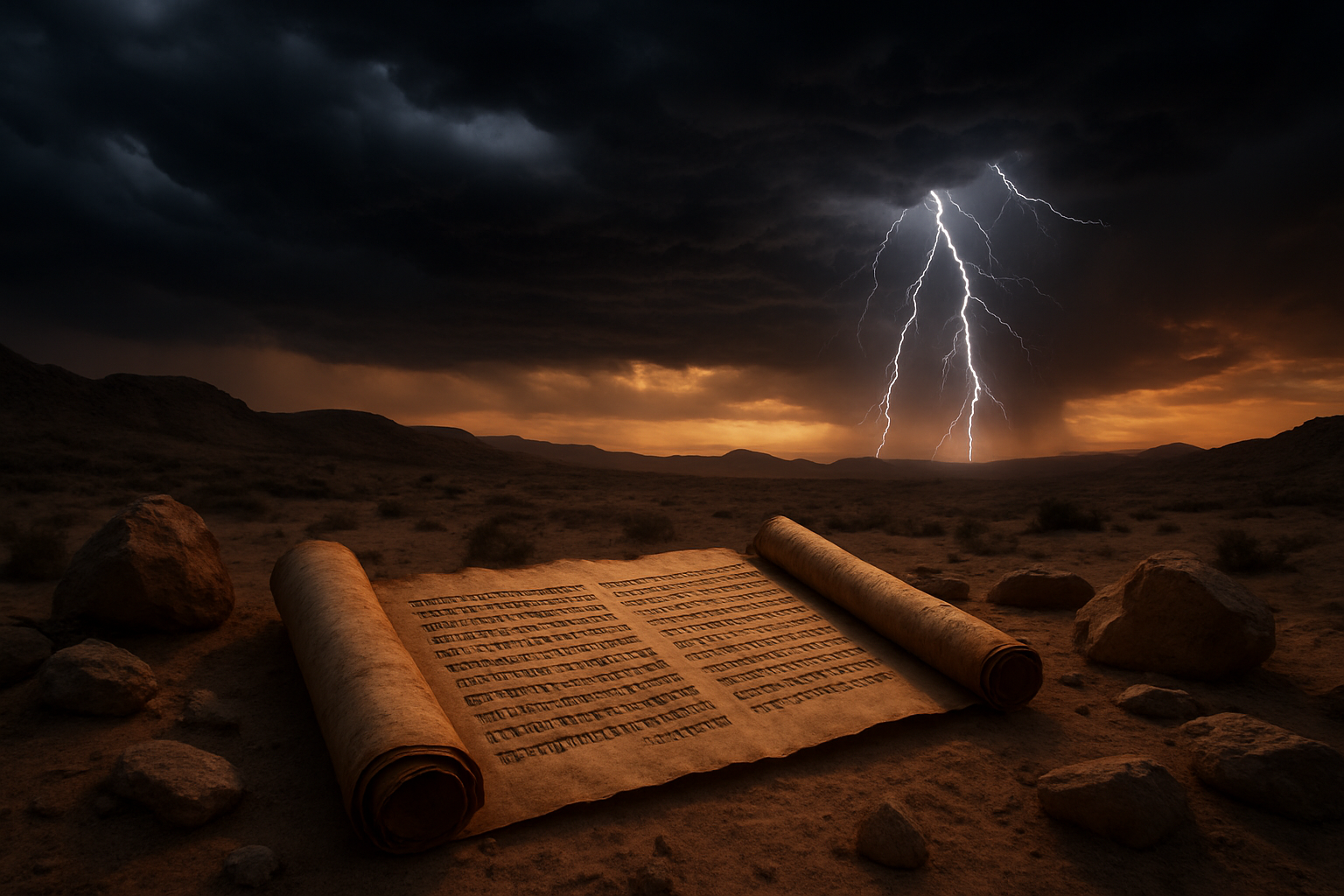 Create a realistic image of an ancient Middle Eastern desert landscape at dusk with dramatic storm clouds gathering overhead, featuring an open ancient scroll or parchment in the foreground with Hebrew-style writing visible, surrounded by weathered stones and desert sand, with lightning illuminating the darkening sky in the background, creating an intense and solemn atmosphere that conveys the gravity of biblical prayers, absolutely NO text should be in the scene.