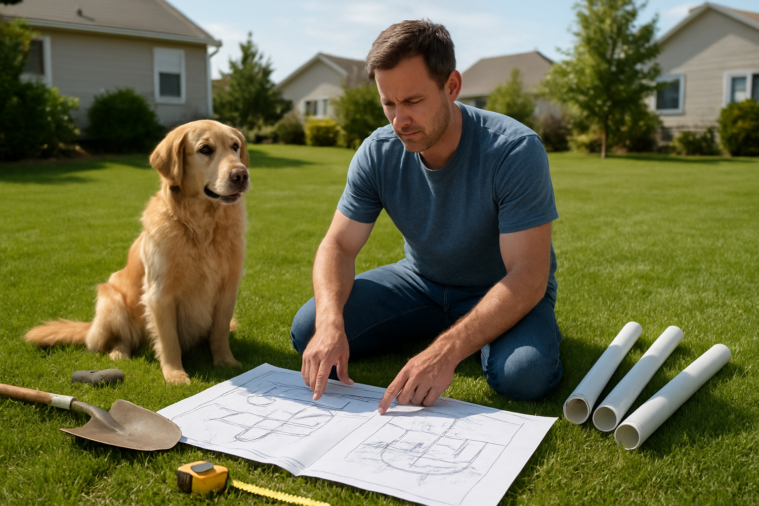 Create a realistic image of a white male homeowner in his 40s kneeling on grass in a sunny backyard, examining blueprints and sketches spread on the ground showing septic system diagrams, with a measuring tape, shovel, and PVC pipes nearby, a golden retriever sitting beside him, residential houses visible in the background, natural daylight creating clear shadows, focused planning atmosphere, absolutely NO text should be in the scene.