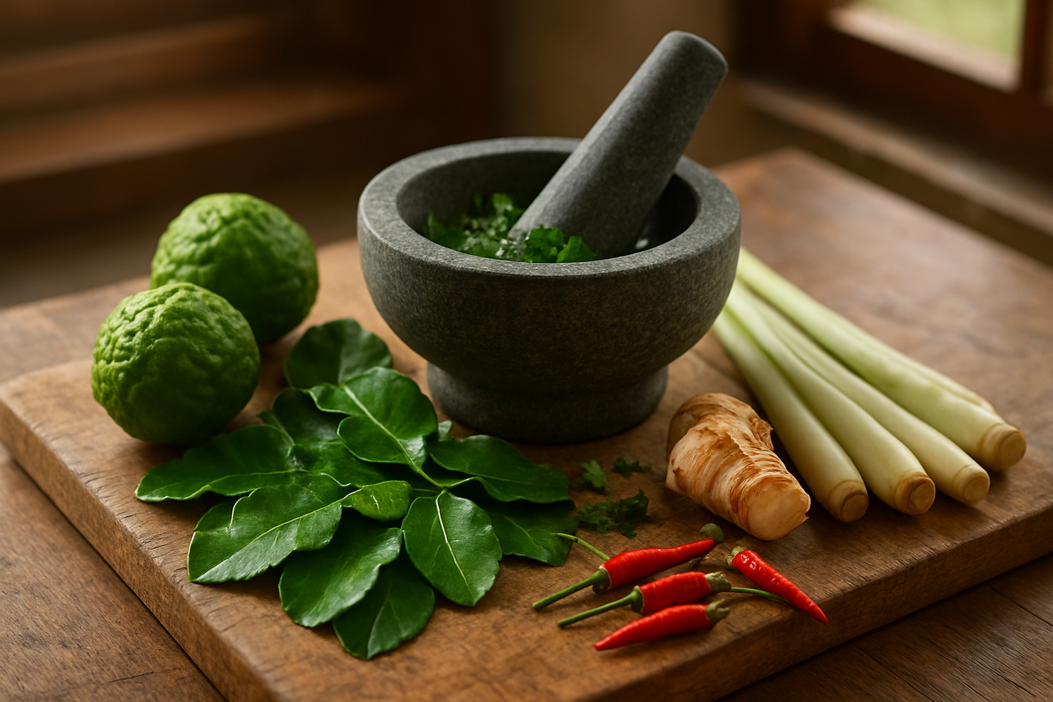 Create a realistic image of fresh kaffir lime leaves and fruits arranged on a rustic wooden cutting board alongside traditional Thai cooking ingredients including lemongrass stalks, galangal root, and Thai chilies, with a mortar and pestle containing crushed kaffir lime leaves releasing aromatic oils, set in a warm kitchen environment with soft natural lighting from a nearby window, showcasing the vibrant green colors and textural details of the ingredients used in Southeast Asian cuisine, absolutely NO text should be in the scene.