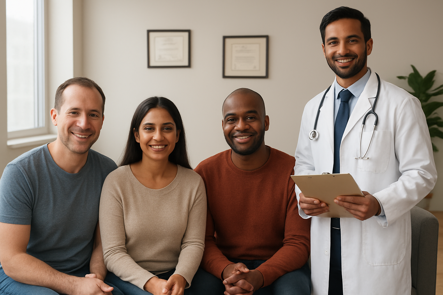 Create a realistic image of a diverse group of satisfied patients including white male, Indian female, and black male sitting in a modern medical consultation room, showing their restored hairlines with confident smiles, while a professional Indian male doctor in white coat stands nearby holding patient files, with comfortable seating, medical certificates on walls, natural lighting from large windows, warm and welcoming atmosphere conveying trust and successful treatment outcomes, absolutely NO text should be in the scene.