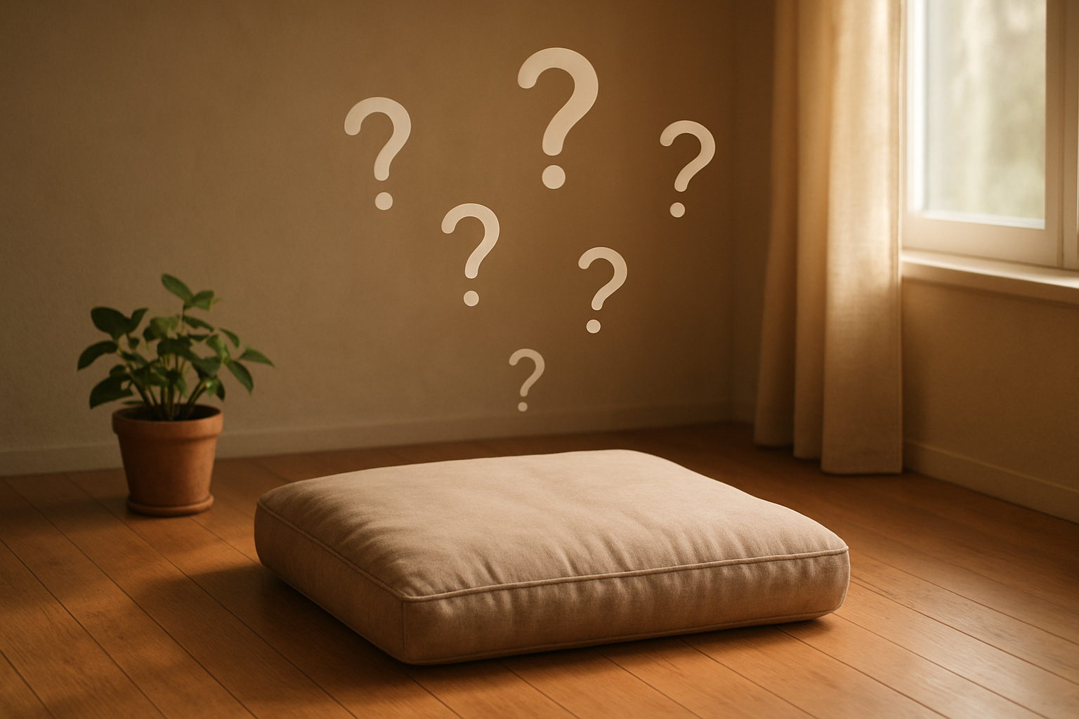 Create a realistic image of a serene meditation space with a comfortable cushion or mat on a wooden floor, surrounded by subtle elements like a small plant, soft natural lighting from a nearby window, and perhaps a few scattered question mark symbols floating gently in the air above the meditation area to represent the FAQ concept, with warm earth tones and a peaceful, welcoming atmosphere that conveys beginner-friendly meditation guidance. Absolutely NO text should be in the scene.