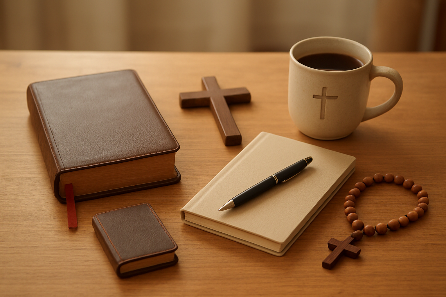 Create a realistic image of a neatly arranged collection of practical Christian items on a clean wooden table including a leather-bound Bible with bookmark ribbons, a wooden cross, a devotional journal with a pen beside it, a ceramic coffee mug with a simple cross design, a small prayer book, and a set of wooden prayer beads, all arranged in warm natural lighting with a soft blurred background suggesting a peaceful home environment, absolutely NO text should be in the scene.