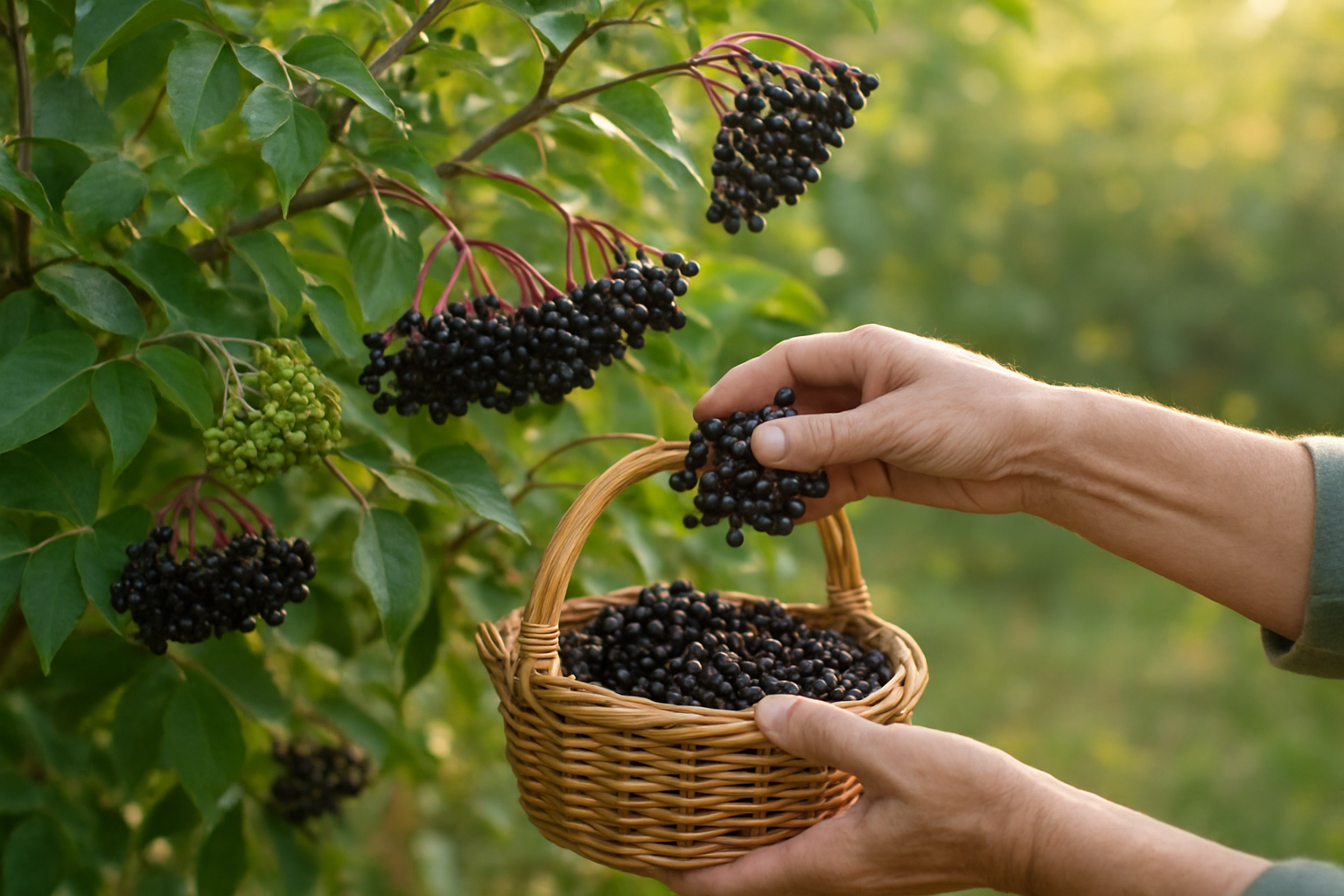 Create a realistic image of a mature elderberry bush with dark purple-black elderberry clusters hanging from branches, showing both ripe berries ready for harvest and some green unripe clusters, with a person's hands gently picking the ripe berries into a wicker basket, set in a natural garden or farm setting with soft morning sunlight filtering through leaves, creating a peaceful harvesting atmosphere. Absolutely NO text should be in the scene.