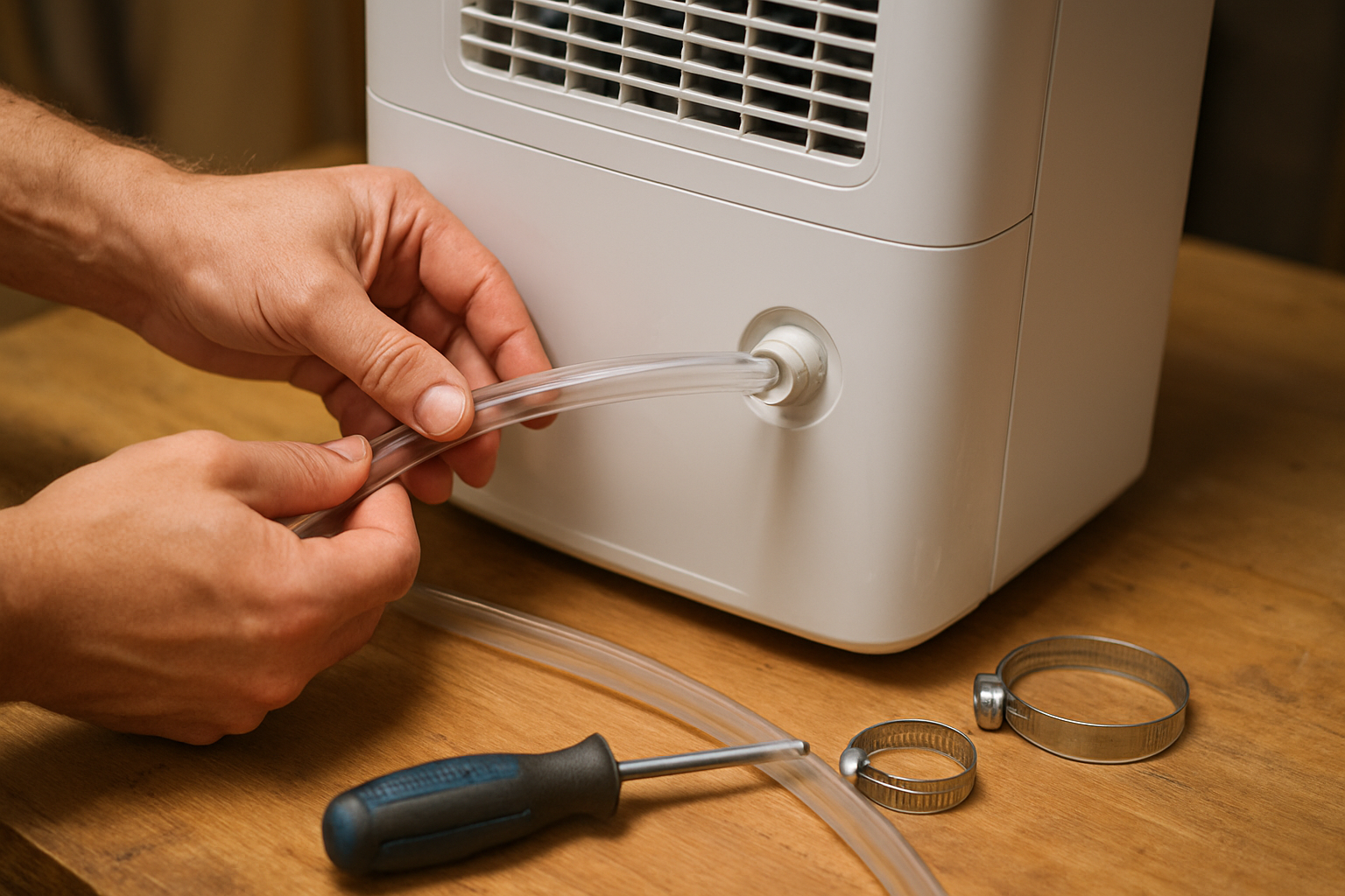 Create a realistic image of a close-up view of hands installing a drainage hose system on a white portable dehumidifier, showing the connection of a clear plastic tube to the dehumidifier's drain port with tools like a screwdriver and hose clamps nearby on a wooden workbench, with the dehumidifier's water collection bucket visible but empty, indoor workshop lighting, focused on the technical installation process. Absolutely NO text should be in the scene.