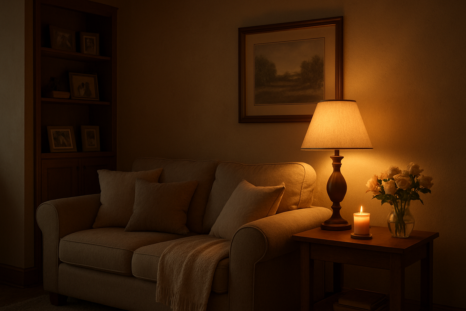 Create a realistic image of a peaceful family home interior with warm golden lighting, featuring a cozy living room with a comfortable sofa, soft throw pillows, and a gentle lamp casting a protective glow, with subtle spiritual elements like a small prayer candle on a side table, fresh flowers in a vase, and family photos on shelves, creating an atmosphere of serenity and divine protection through soft shadows and warm ambient light that fills the space with tranquility. Absolutely NO text should be in the scene.