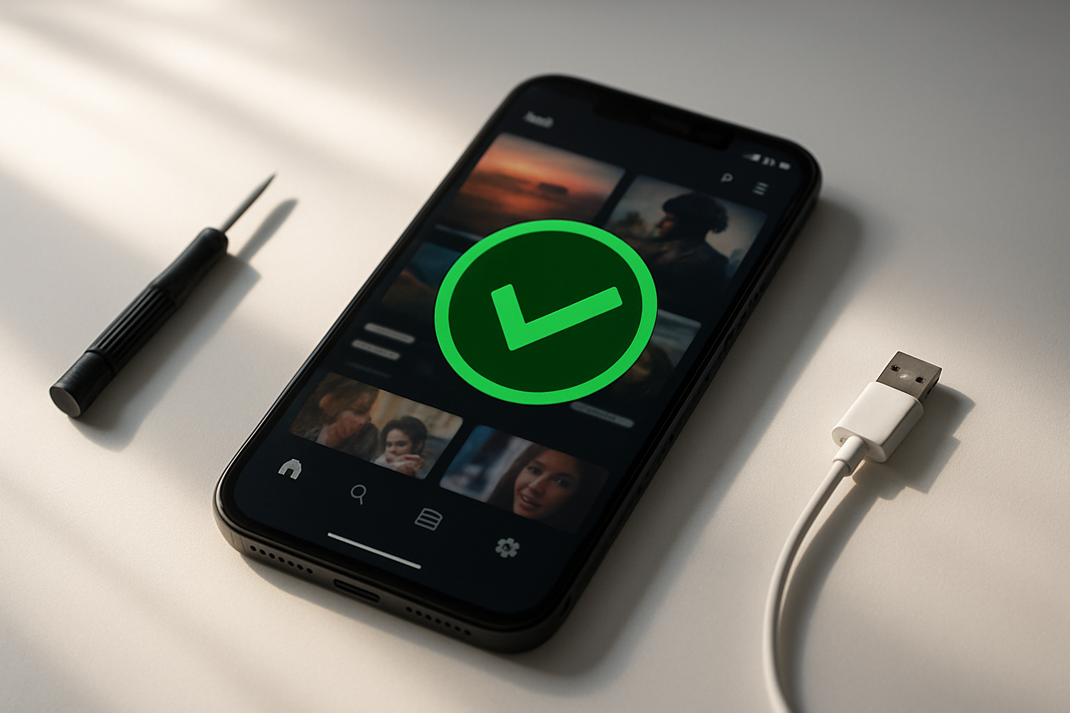 Create a realistic image of a smartphone lying on a clean white desk surface displaying a successfully running streaming app with a green checkmark icon overlay, surrounded by subtle tech repair tools like a small screwdriver and USB cable, with soft natural lighting from a window creating gentle shadows, conveying a sense of resolution and successful problem-solving, with the phone screen showing a vibrant, functional app interface, absolutely NO text should be in the scene.