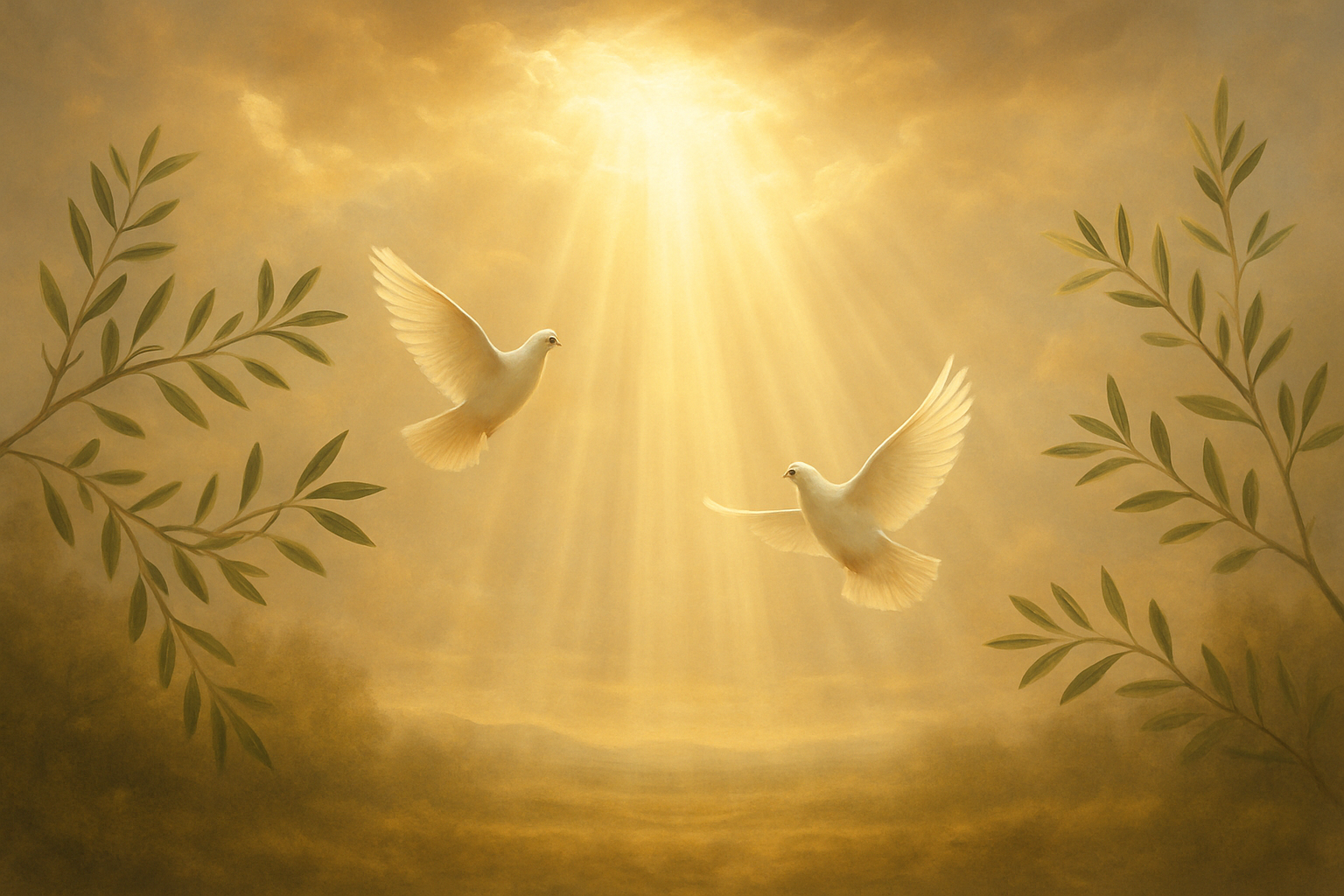Create a realistic image of a serene heavenly scene with soft golden light streaming down from above illuminating a peaceful landscape below, showing gentle rays of divine light bridging the gap between clouds in the sky and the earth, with olive branches and doves flying peacefully through the scene, warm golden and white color palette creating a sense of harmony and reconciliation, soft ethereal lighting suggesting divine presence and peace, absolutely NO text should be in the scene.