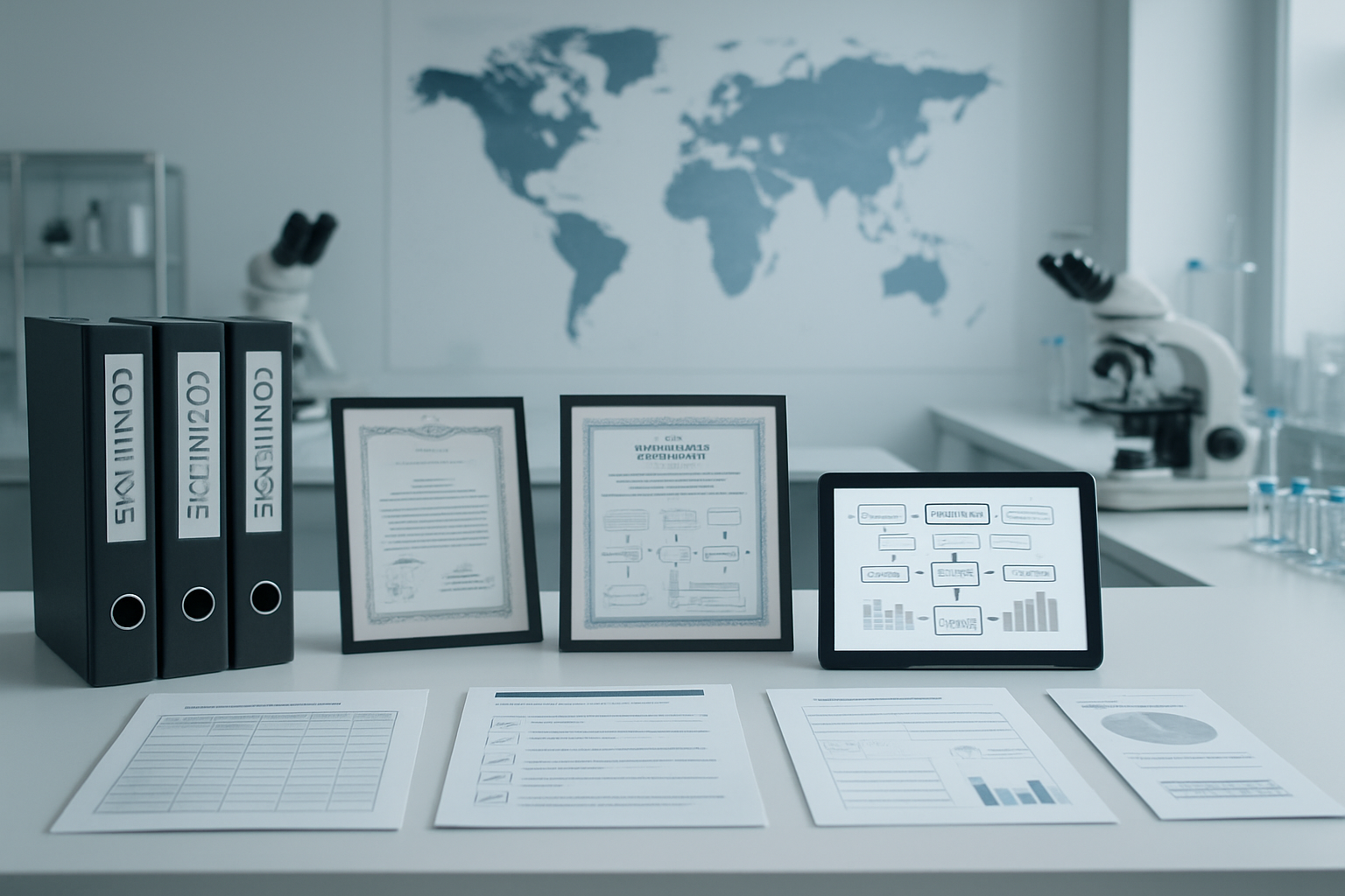 Create a realistic image of a modern pharmaceutical laboratory setting with a clean white desk featuring organized regulatory documents, official certificates, and compliance folders neatly arranged, a digital tablet displaying regulatory charts and approval workflows, a world map on the wall showing global regulatory zones, laboratory equipment including microscopes and testing vials in the background, soft professional lighting creating a clean and organized atmosphere, representing successful regulatory compliance and the completion of pharmaceutical regulatory understanding, with a sense of achievement and professional competence in the biotech industry, absolutely NO text should be in the scene.