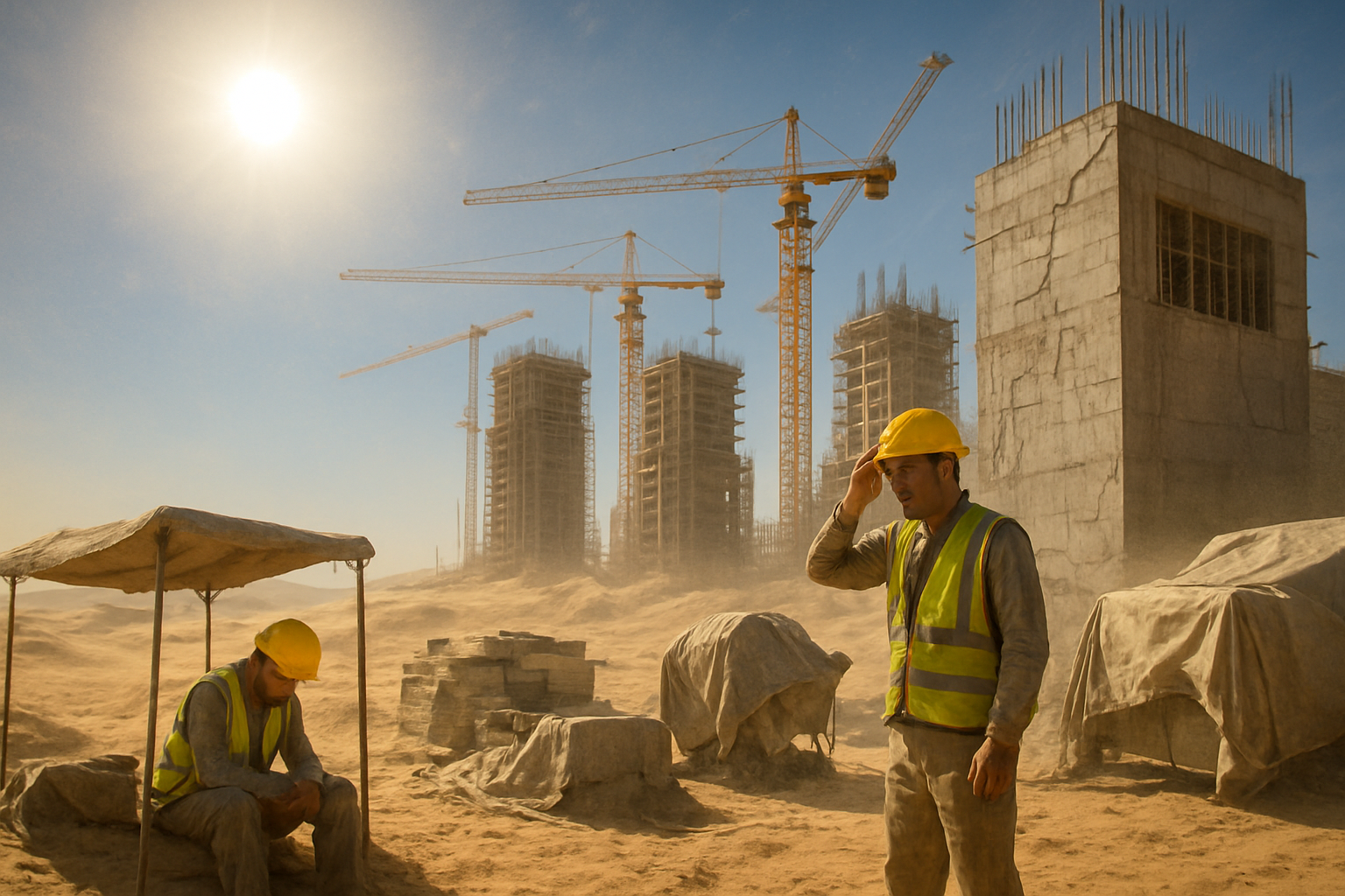 Create a realistic image of a modern Dubai construction site with tall cranes and partially built skyscrapers under intense desert sunlight, showing workers in hard hats dealing with extreme heat conditions, sand particles blowing in the wind, concrete structures with visible heat stress cracks, construction materials covered to protect from sandstorms, bright blue sky with harsh glaring sun, desert landscape in the background with sand dunes, construction equipment partially covered with protective sheets, and workers seeking shade, capturing the challenging environmental conditions of Dubai's climate on new construction projects, absolutely NO text should be in the scene.