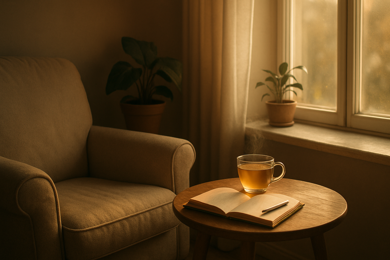 Create a realistic image of a peaceful indoor scene with soft natural lighting streaming through a window, featuring a comfortable reading nook with a plush armchair, a small side table with a steaming cup of herbal tea, an open journal with a pen resting beside it, and a few gentle houseplants in the background, all bathed in warm golden hour light that creates a serene and nurturing atmosphere perfect for quiet self-reflection, with soft shadows and a calming color palette of warm neutrals and muted earth tones, absolutely NO text should be in the scene.