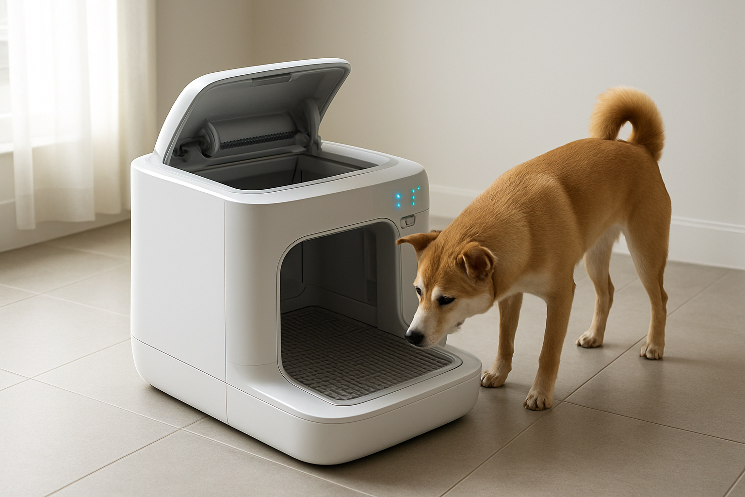 Create a realistic image of a modern high-tech indoor dog potty system with sleek design featuring automatic cleaning mechanisms, sensors, and LED indicators, placed on a clean tile floor in a contemporary home interior with soft natural lighting from a nearby window, showing the advanced technological features like motorized components and control panels, with a small to medium-sized dog nearby exploring the innovative pet toilet system, captured in bright daylight with clean minimalist background emphasizing the futuristic pet care technology, absolutely NO text should be in the scene.
