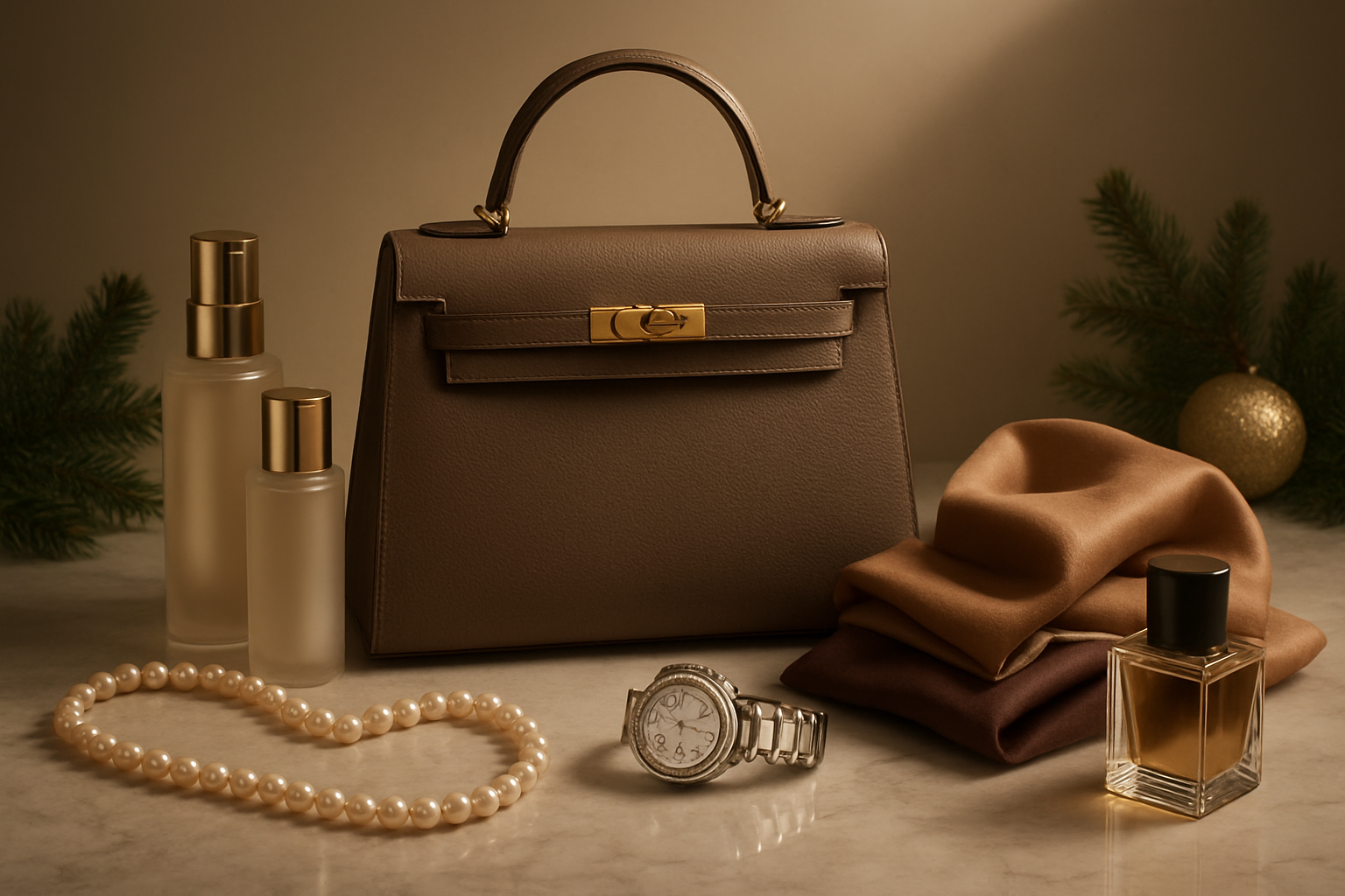 Create a realistic image of an elegant display of luxury items arranged on a marble surface including a premium leather handbag, expensive jewelry like a diamond watch and pearl necklace, high-end skincare products in sleek bottles, silk scarves, and premium cologne bottles, with soft warm lighting creating gentle shadows and highlights that emphasize the luxurious textures and materials, set against a sophisticated neutral background with subtle Christmas decorations like pine branches and gold accents, conveying an upscale gift-giving atmosphere, absolutely NO text should be in the scene.