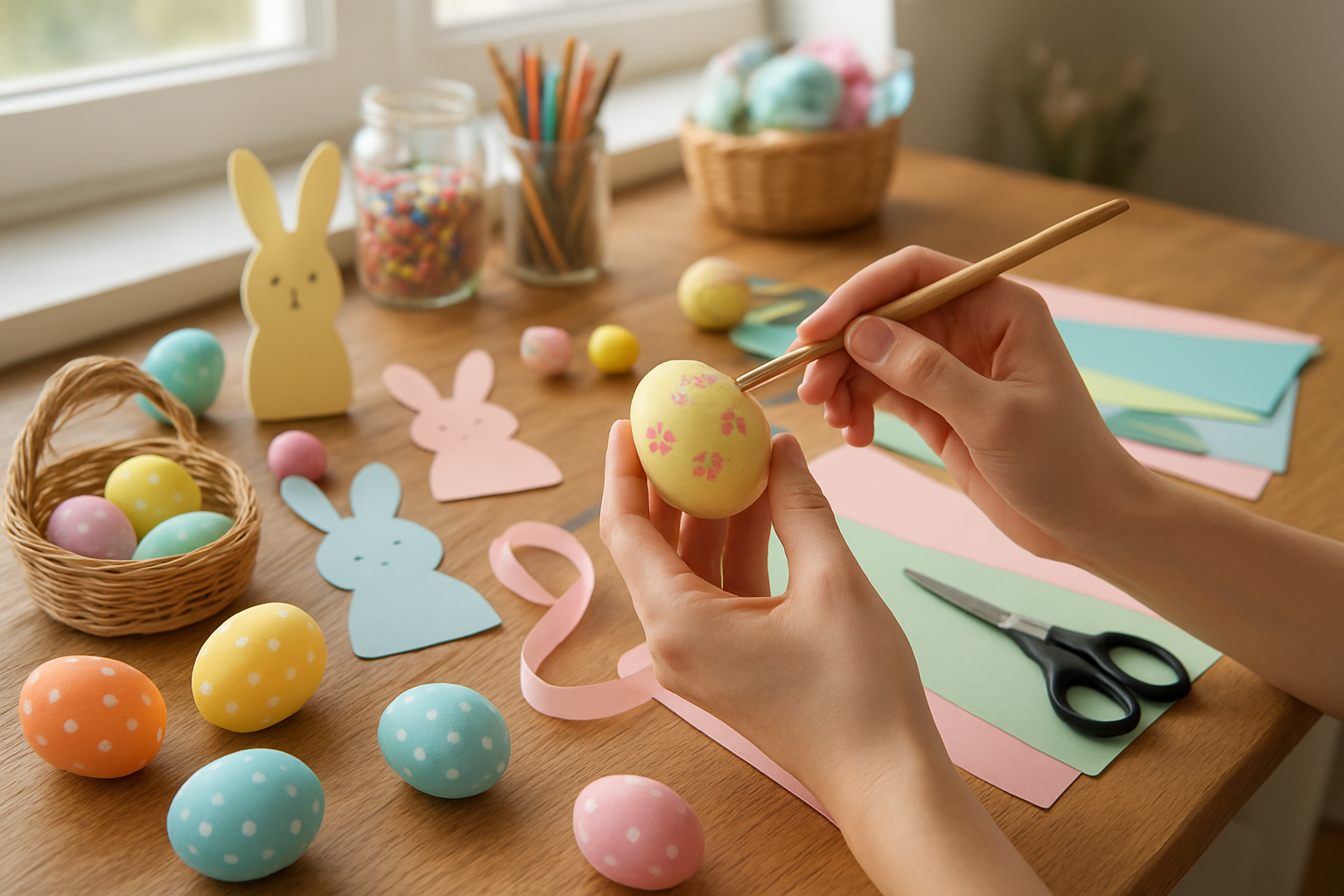 Create a realistic image of a crafting table covered with colorful DIY Easter supplies including painted eggs, bunny-shaped cutouts, pastel ribbons, glue sticks, scissors, construction paper, and small baskets, with hands of a white female actively working on decorating an Easter egg, surrounded by completed handmade Easter decorations, set in a bright home crafting space with natural daylight streaming through a window, creating a warm and creative atmosphere, with craft supplies organized in jars and containers in the background, absolutely NO text should be in the scene.