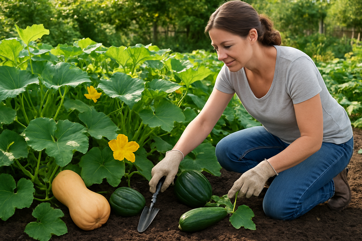 Create a realistic image of a flourishing home garden with various types of squash plants growing in rich, dark soil, showing healthy green vines with large leaves, yellow squash blossoms, and mature squash fruits including butternut, acorn, and zucchini varieties in different stages of growth, with a white female gardener in casual clothing kneeling beside the plants while tending to them with gardening tools, set against a sunny backyard garden background with natural lighting, conveying a productive and thriving homegrown vegetable garden atmosphere, absolutely NO text should be in the scene.