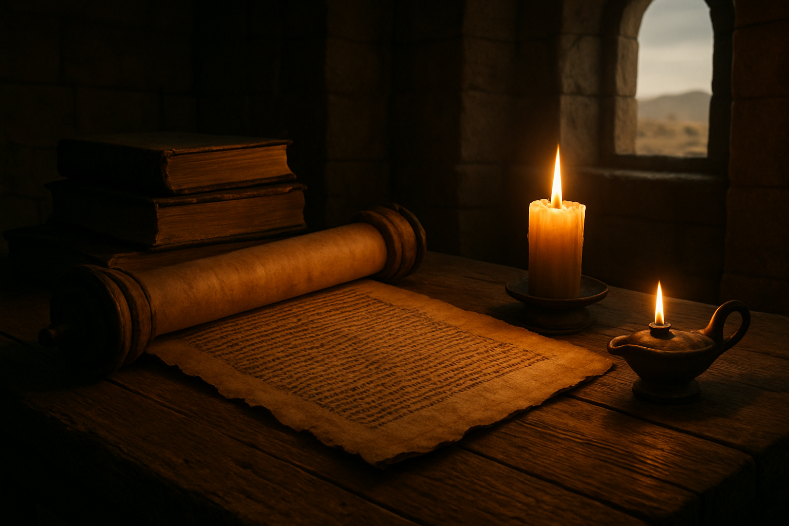 Create a realistic image of an ancient biblical scroll partially unrolled on a weathered wooden table, with warm golden candlelight illuminating the aged parchment, surrounded by old leather-bound books and a small oil lamp casting gentle shadows, set in a quiet stone chamber with arched windows filtering soft natural light, creating a contemplative atmosphere of biblical study and historical discovery, with desert landscape visible through the window suggesting ancient Middle Eastern setting. Absolutely NO text should be in the scene.