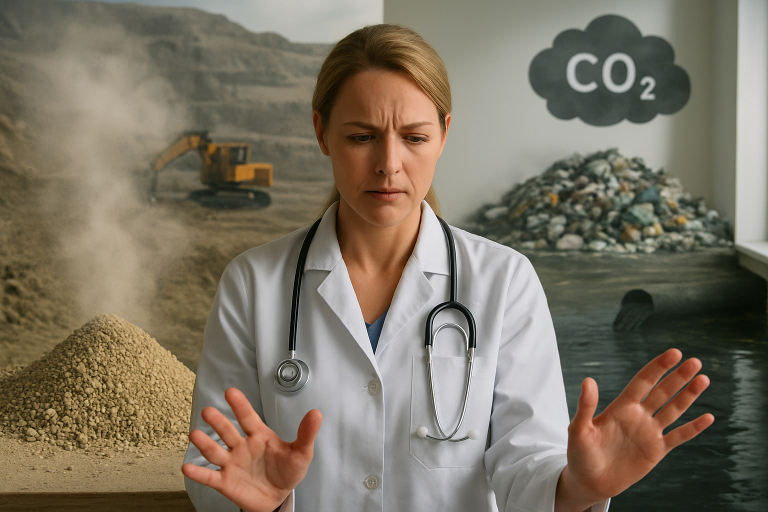 Create a realistic image of a split-screen comparison showing traditional clay cat litter on one side with visible dust clouds and mining equipment in a quarry backdrop, and on the other side showing environmental impact symbols like polluted waterways, landfill waste, and carbon emissions, with a concerned white female veterinarian in the foreground examining both sides, indoor lighting with natural window light, serious and educational mood, absolutely NO text should be in the scene.