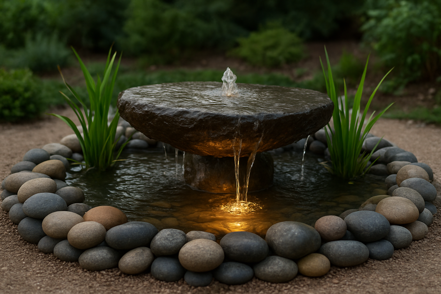 Create a realistic image of a beautifully completed DIY floating rock fountain with elegant finishing touches including decorative river stones arranged around the base, lush green aquatic plants strategically placed, subtle LED underwater lighting illuminating the water, polished natural rocks with smooth surfaces, gentle water flowing over the floating stone centerpiece, surrounded by a clean pebble border, set in a serene outdoor garden setting with soft natural lighting, professional-quality appearance that rivals store-bought fountains, absolutely NO text should be in the scene.