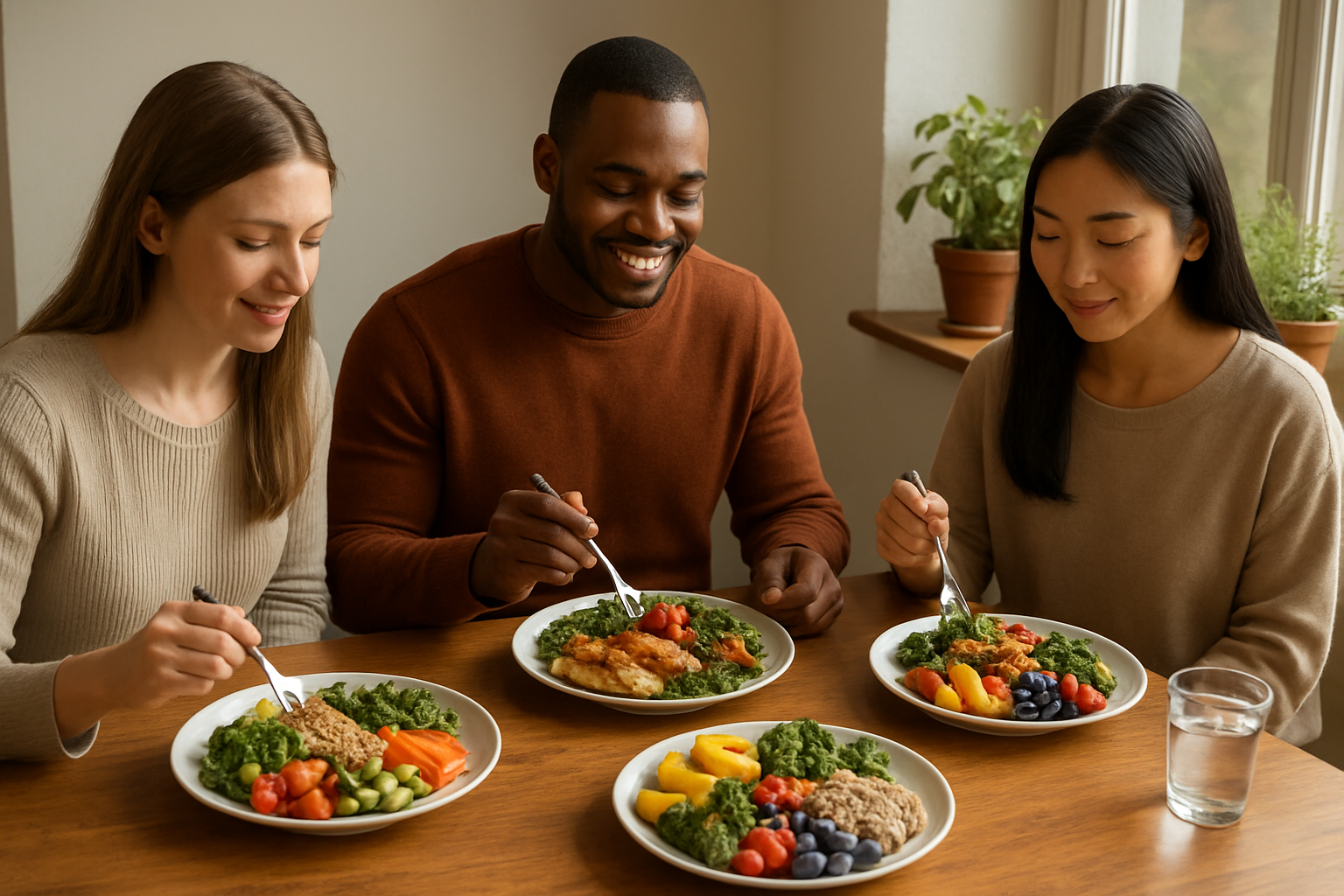 Create a realistic image of a diverse group of people including a white female, black male, and Asian female sitting around a wooden dining table enjoying a colorful meal together, with plates filled with vibrant whole foods like fresh vegetables, grilled chicken, quinoa, and fruits, natural sunlight streaming through a nearby window creating warm lighting, potted herbs on the windowsill, a calm and satisfied atmosphere showing people practicing mindful eating, with water glasses and small portion-controlled servings demonstrating healthy eating habits, absolutely NO text should be in the scene.