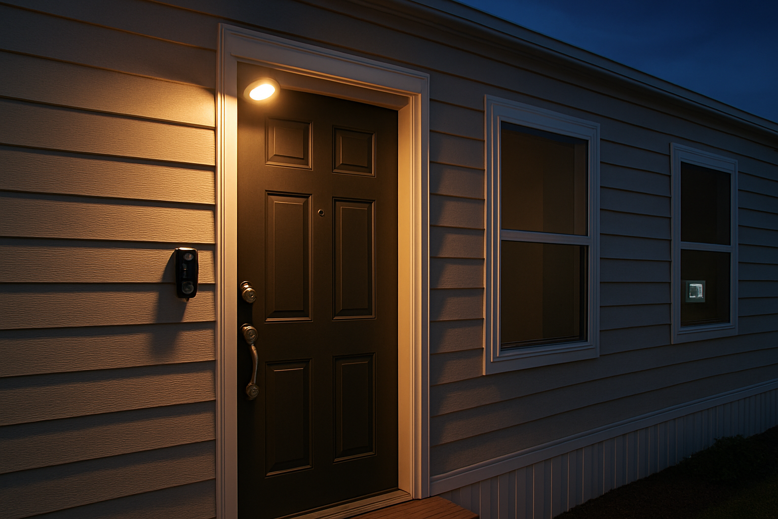 Create a realistic image of a modern mobile home exterior showing multiple entry point security features including a smart doorbell camera mounted beside the front door, a reinforced steel entry door with multiple deadbolt locks, motion sensor lights illuminated above the doorway, security window sensors on nearby windows, and a small security system control panel visible through a window, set during evening twilight with warm porch lighting creating a secure and welcoming atmosphere, absolutely NO text should be in the scene.