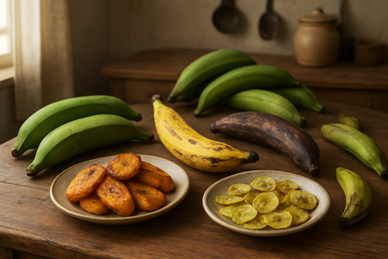 Create a realistic image of a rustic wooden kitchen table displaying various stages of plantains from green unripe to yellow spotted to dark brown overripe, alongside prepared plantain dishes including golden fried sweet plantains and savory green plantain chips on ceramic plates, with fresh whole plantains scattered around, soft warm natural lighting from a window creating gentle shadows, and a cozy homey kitchen atmosphere in the background with subtle cooking utensils visible, emphasizing the versatility and culinary potential of plantains, absolutely NO text should be in the scene.