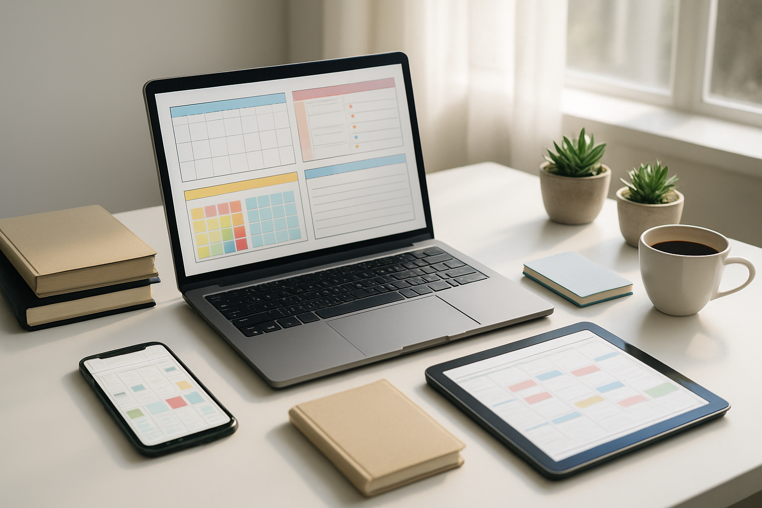 Create a realistic image of a modern workspace featuring an open laptop displaying colorful digital planner templates on the screen, surrounded by a smartphone and tablet showing organized calendar layouts, with neat stacks of physical notebooks and planners nearby, a cup of coffee, and some succulents on a clean white desk, soft natural lighting streaming through a window in the background creating a productive and organized atmosphere, absolutely NO text should be in the scene.