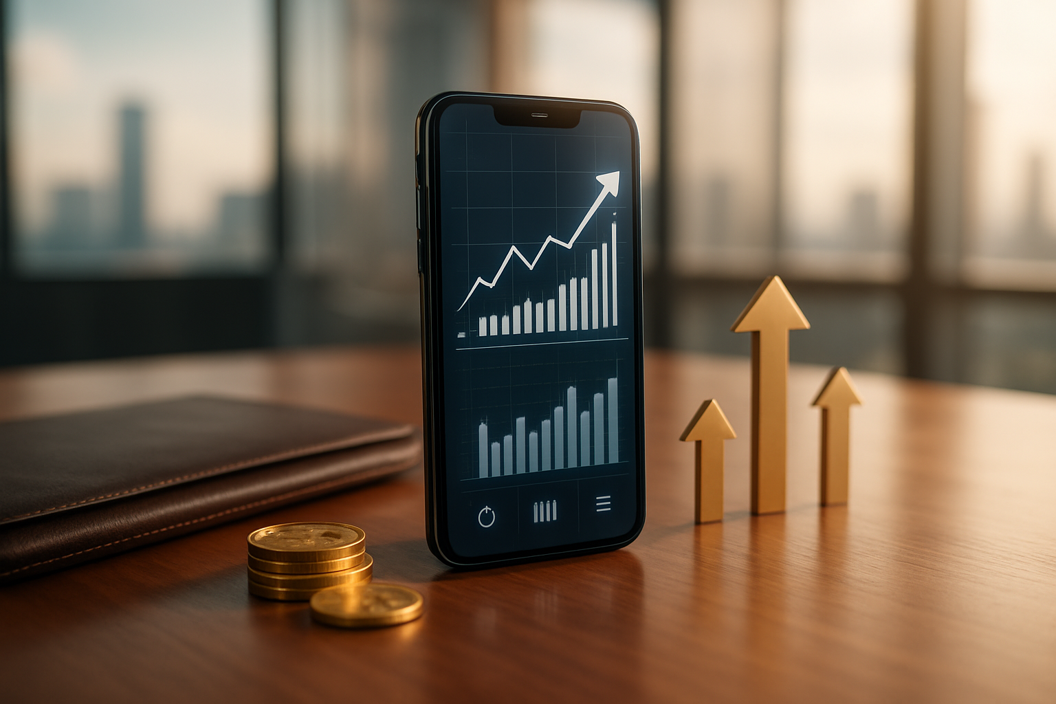 Create a realistic image of a modern banking concept featuring a sleek smartphone displaying digital banking interface with growth charts and financial graphs on the screen, positioned on a polished wooden desk alongside a leather portfolio, gold coins, and upward-trending arrow symbols, with a contemporary office environment in the soft-focused background showing glass windows and city skyline, illuminated by warm natural lighting that creates a professional and optimistic atmosphere suggesting financial growth and digital transformation, with subtle reflections on the desk surface and a clean, minimalist composition that conveys prosperity and technological advancement, absolutely NO text should be in the scene.