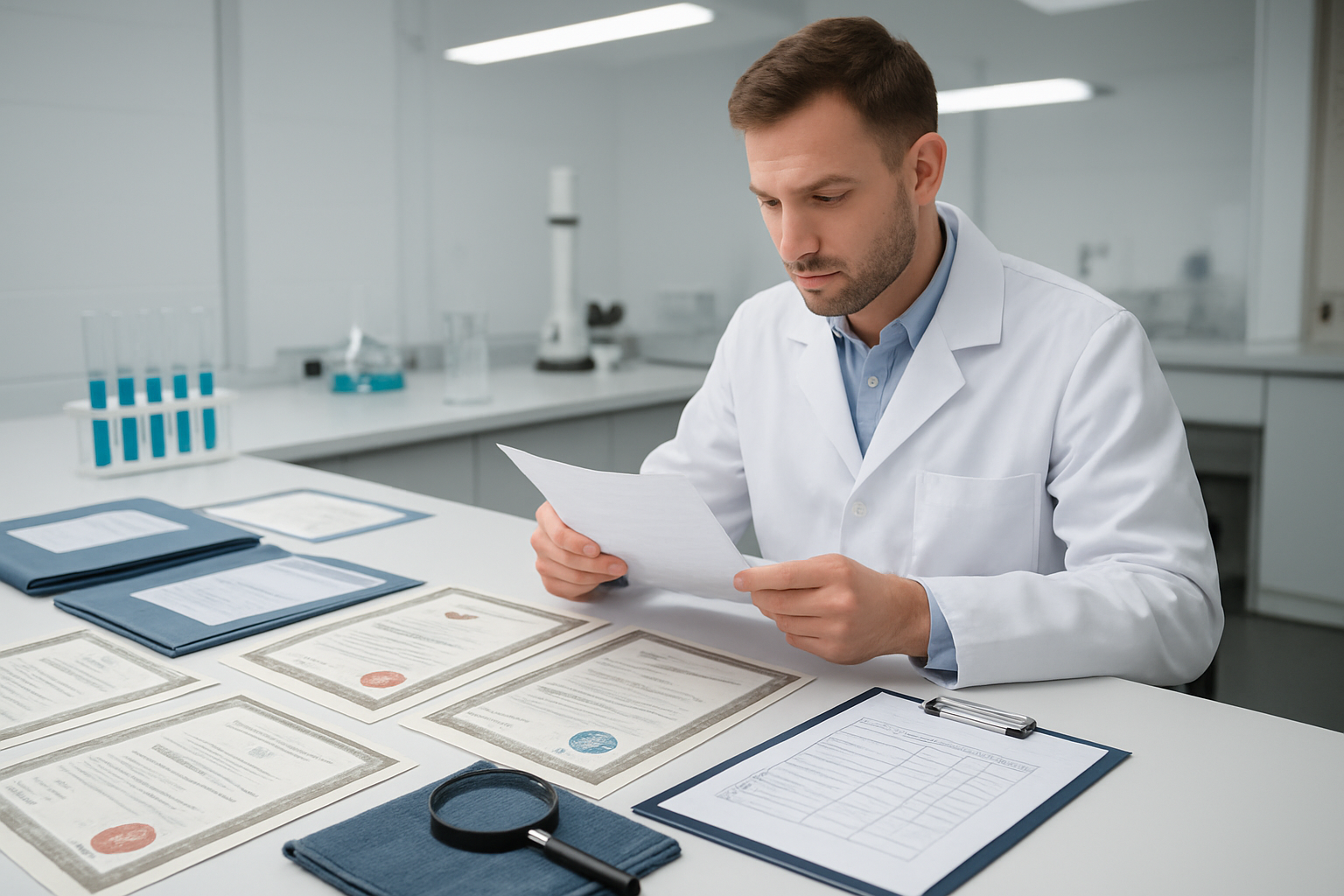 Create a realistic image of a modern quality control laboratory with professional certification documents and compliance folders spread across a clean white desk, featuring international quality standard certificates with official seals and stamps, a clipboard with inspection checklists, a magnifying glass examining denim fabric samples, test tubes and measuring equipment in the background, bright fluorescent lighting creating a sterile professional atmosphere, with a white male quality inspector in a lab coat carefully reviewing documentation, absolutely NO text should be in the scene.
