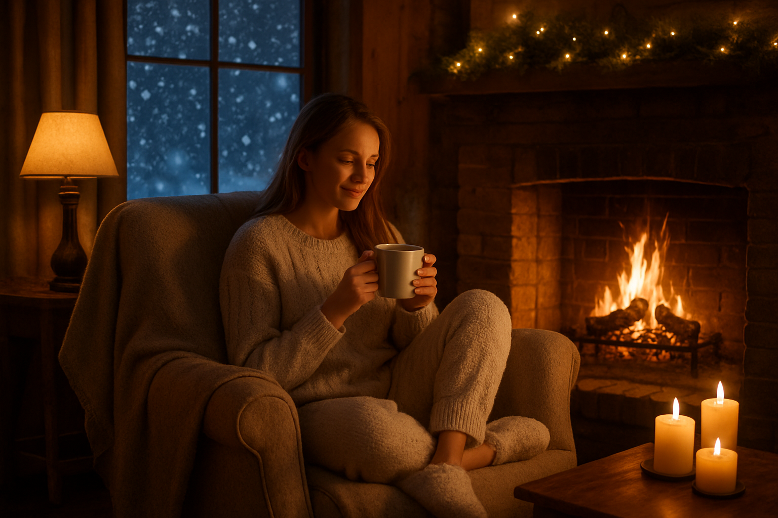 Create a realistic image of a cozy winter evening scene with a white female in her late twenties sitting in a comfortable oversized armchair by a crackling fireplace, wearing soft knitted pajamas and fuzzy slippers, holding a steaming mug of hot chocolate, with snow gently falling outside a large window, warm ambient lighting from table lamps creating a golden glow throughout the rustic living room, a soft throw blanket draped over the chair, candles flickering on a nearby coffee table, and pine branches with string lights decorating the mantelpiece, conveying a peaceful and serene atmosphere of winter relaxation and unwinding, absolutely NO text should be in the scene.
