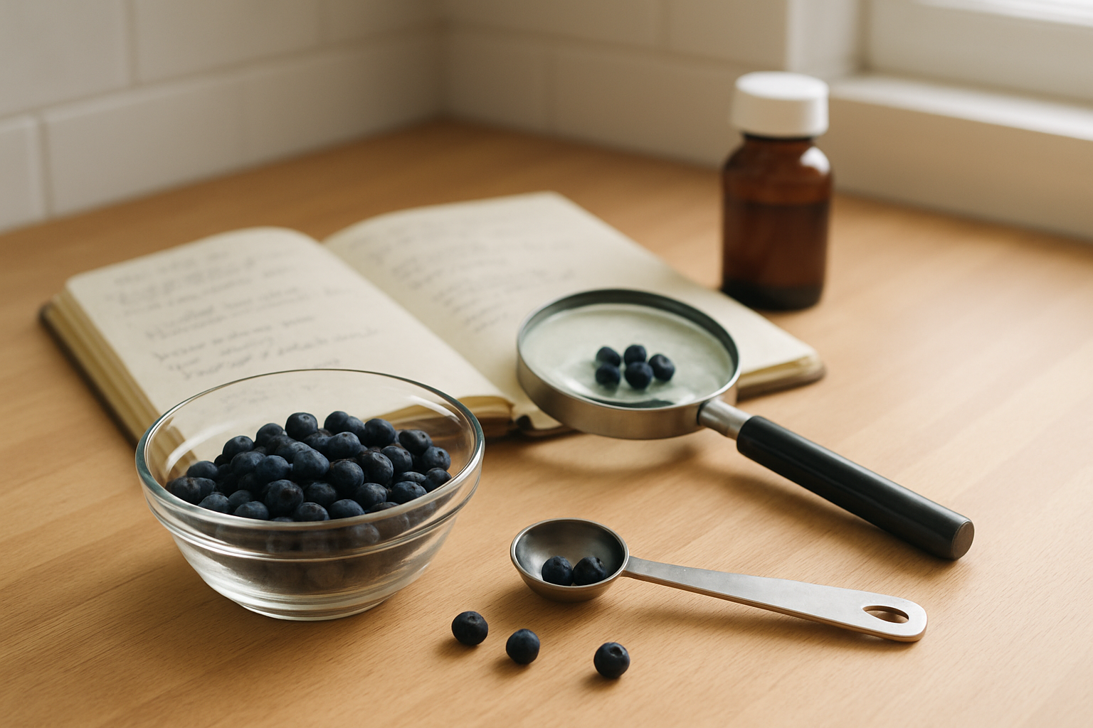 Create a realistic image of a clean, organized kitchen counter scene featuring a small glass bowl containing dark blue juniper berries, a measuring spoon beside it, an open notebook with handwritten notes, a magnifying glass examining some berries, and a medicine bottle in the background, all arranged on a light wooden surface with soft natural lighting from a nearby window, conveying careful preparation and attention to detail for safe usage, absolutely NO text should be in the scene.