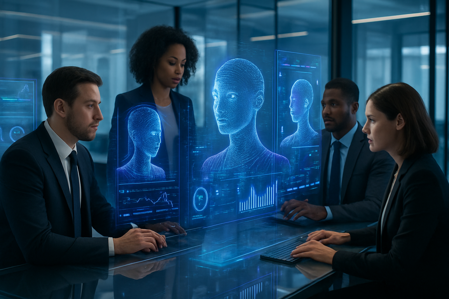 Create a realistic image of a modern business office environment with holographic digital twin representations floating above sleek workstations, showing 3D customer avatars and data visualizations, with a diverse team of white and black professionals, both male and female, analyzing customer behavior patterns on transparent screens, surrounded by futuristic blue and purple glowing interfaces, clean contemporary lighting, glass surfaces reflecting the digital displays, creating an innovative technology atmosphere focused on customer experience transformation, absolutely NO text should be in the scene.