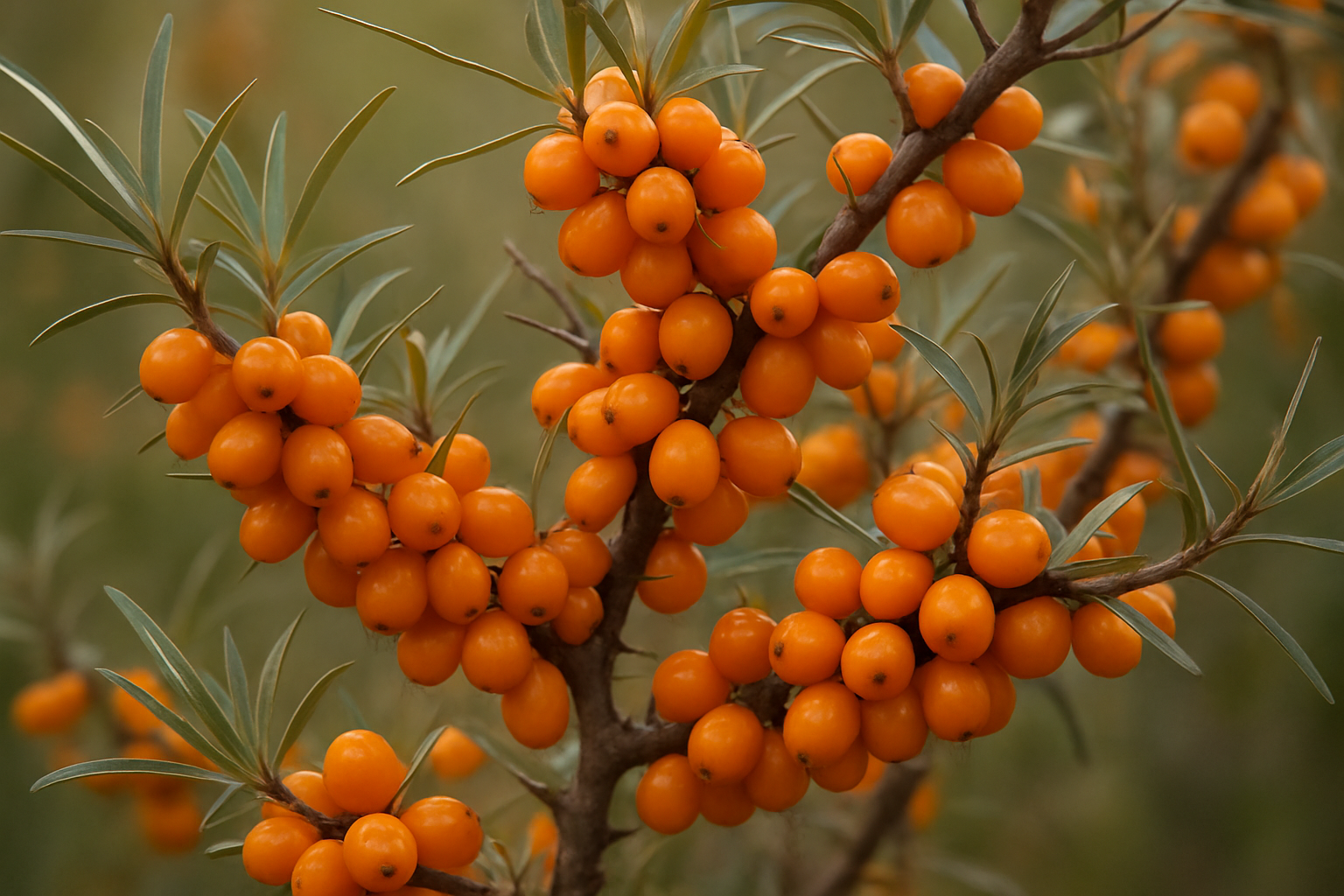 Create a realistic image of vibrant orange sea buckthorn berries clustered densely on thorny branches with narrow silvery-green leaves, showcasing the plant's distinctive spiky texture and unique berry formation, set against a soft natural outdoor background with gentle diffused lighting that highlights the berries' glossy surface and the plant's characteristic thorny structure, emphasizing the botanical uniqueness of this superfruit plant. Absolutely NO text should be in the scene.