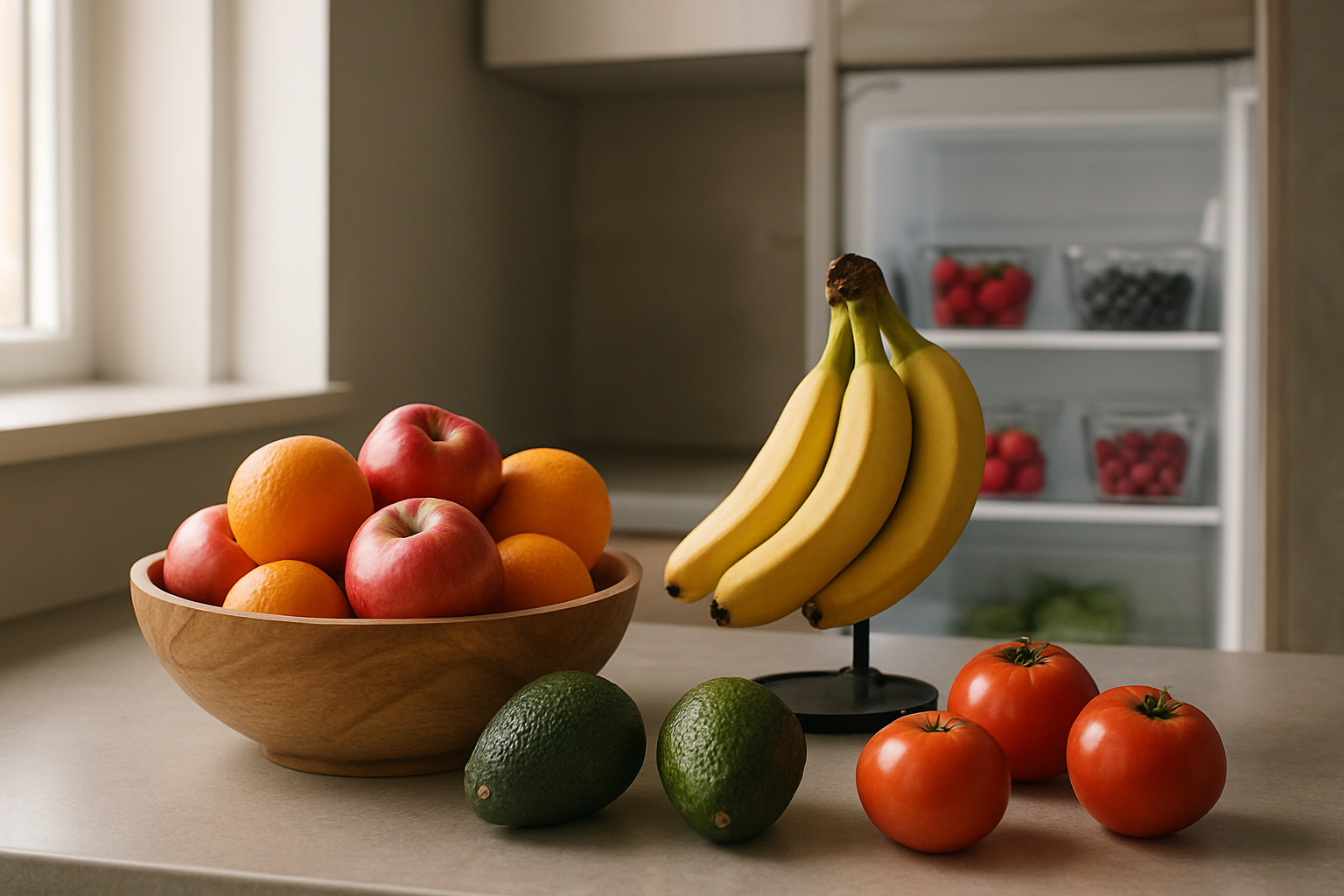 Create a realistic image of a modern kitchen counter displaying various fresh fruits in different storage methods, including a wooden fruit bowl with apples and oranges, bananas hanging on a hook, berries in glass containers in an open refrigerator visible in the background, and some fruits like avocados and tomatoes arranged on the counter at different ripeness stages, with soft natural lighting from a nearby window creating a warm and inviting atmosphere, absolutely NO text should be in the scene.