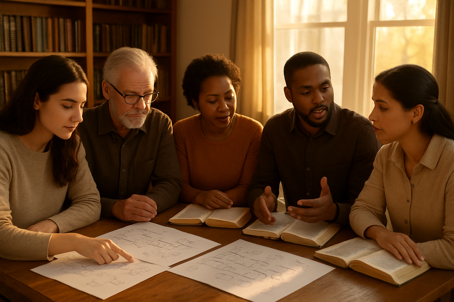 Create a realistic image of a diverse group of people including white, black, and Hispanic men and women of various ages sitting around a wooden table in a warm, softly lit room, with open Bibles and genealogical charts spread across the surface, some people pointing to family tree diagrams while others are in thoughtful discussion, with bookshelves filled with religious texts in the background, golden afternoon light streaming through windows creating a peaceful studying atmosphere, absolutely NO text should be in the scene.