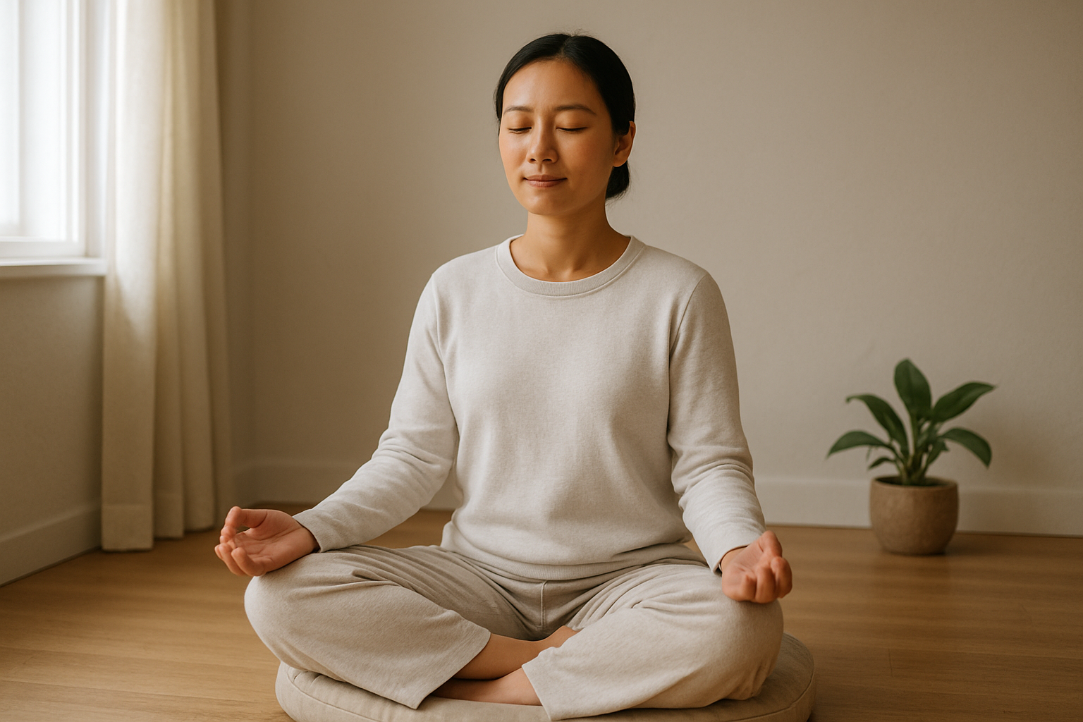 Create a realistic image of a peaceful Asian female in her 30s sitting cross-legged on a meditation cushion in a serene indoor space, eyes gently closed with a calm expression showing inner peace and accomplishment, wearing comfortable light-colored clothing, surrounded by soft natural lighting from a nearby window, with minimalist decor including a small potted plant and wooden floor, creating a warm and inviting atmosphere that conveys the successful completion of a meditation journey, absolutely NO text should be in the scene.