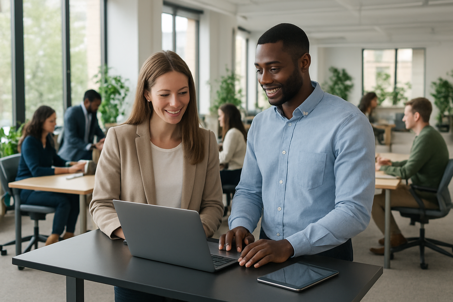 Create a realistic image of a modern, bright office environment showing workplace evolution with diverse professionals including a white female and black male colleague collaborating at a sleek standing desk with laptops and digital devices, while in the background other employees work in flexible spaces with ergonomic furniture, natural lighting streaming through large windows, plants throughout the workspace, and visible elements like mentoring sessions and skill development activities happening organically, conveying an atmosphere of growth, innovation, and professional development opportunities in a contemporary work setting, absolutely NO text should be in the scene.