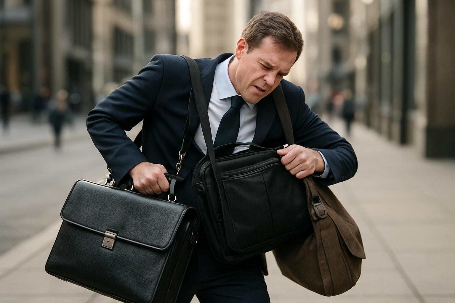 Create a realistic image of a frustrated white male professional in business attire struggling with multiple traditional bags including a heavy briefcase, laptop bag, and messenger bag that are tangled together and slipping from his shoulders, set in a busy urban sidewalk environment with concrete pavement and blurred city buildings in the background, capturing the inconvenience and limitations of conventional carrying solutions through his strained posture and overwhelmed expression, with natural daylight creating realistic shadows that emphasize the bulkiness and impracticality of the multiple bags, absolutely NO text should be in the scene.