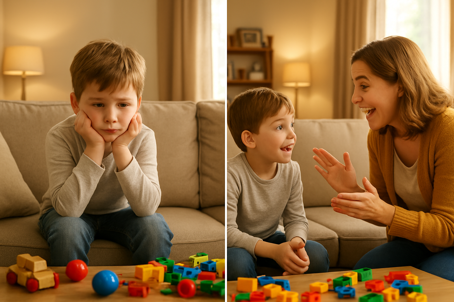 Create a realistic image of a white child sitting on a couch looking visibly bored, chin resting on hands with a dull expression, surrounded by scattered toys and a quiet living room, then transitioning mood as a white female adult enthusiastically presents a fun activity challenge, the child's face lighting up with curiosity and excitement, warm and bright indoor lighting creating an inviting and energetic atmosphere, cozy family home background. Absolutely NO text should be in the scene.