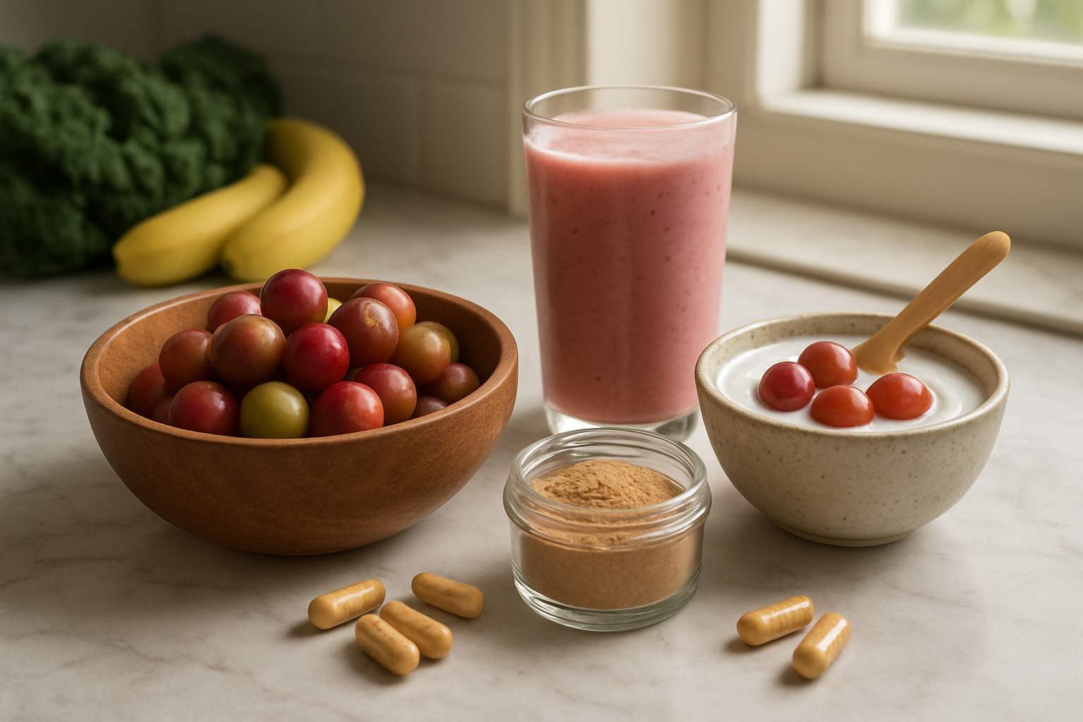 Create a realistic image of a kitchen counter displaying various ways to consume camu camu fruit, featuring fresh camu camu berries in a wooden bowl, a glass of pink smoothie, camu camu powder in a small jar with a wooden spoon, yogurt bowl topped with the berries, and a few supplement capsules arranged on a marble countertop, with natural morning light streaming through a nearby window creating soft shadows, surrounded by other healthy foods like bananas and leafy greens in the background, absolutely NO text should be in the scene.