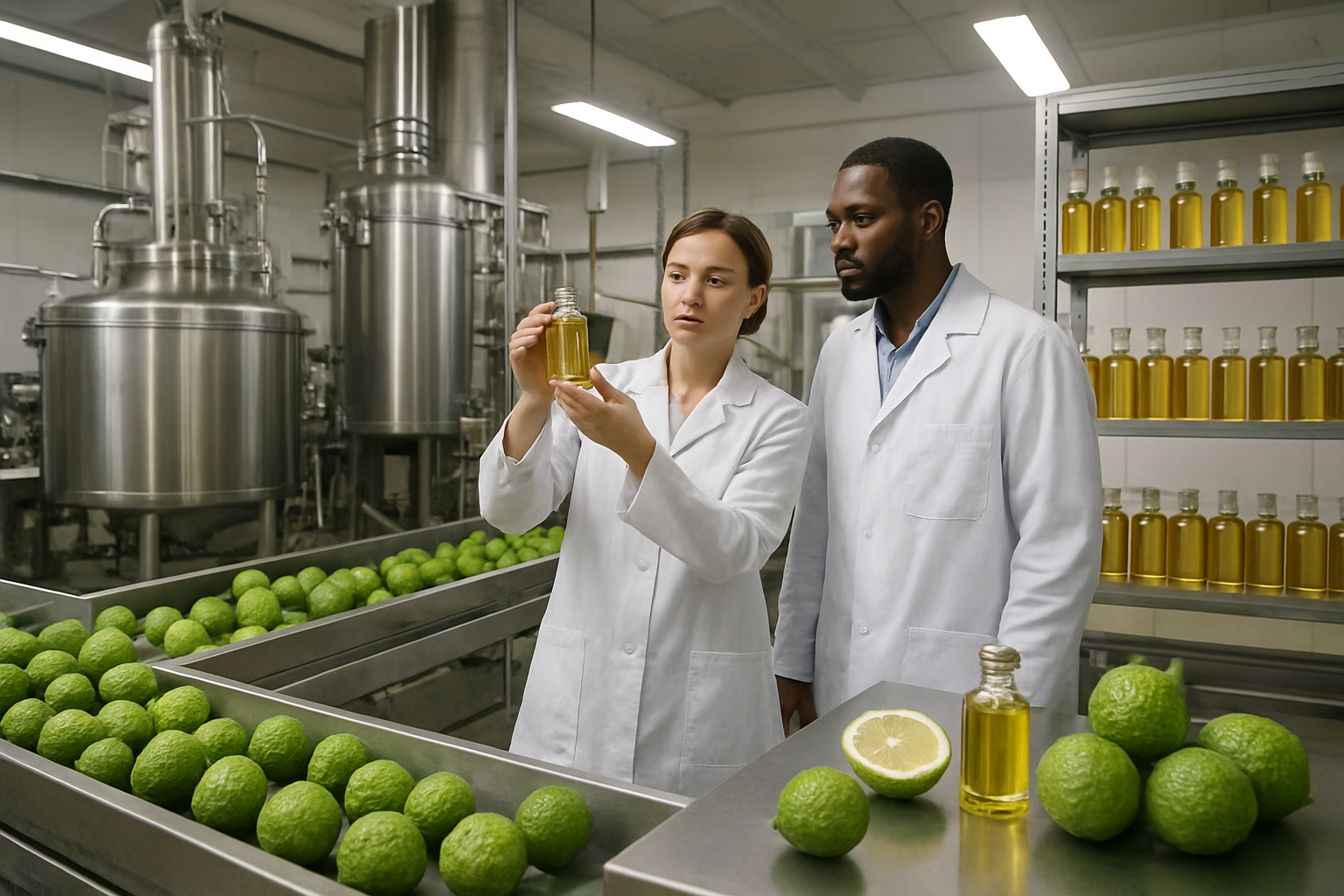 Create a realistic image of a modern commercial facility showcasing bergamot orange processing and applications, featuring large stainless steel extraction equipment, conveyor belts with fresh bergamot oranges, glass bottles filled with golden bergamot essential oil on industrial shelving, workers in white lab coats including a white female technician and black male supervisor examining product quality, bright fluorescent lighting illuminating the clean manufacturing environment, with bergamot fruits at various stages of processing from whole oranges to extracted oils and finished products, absolutely NO text should be in the scene.