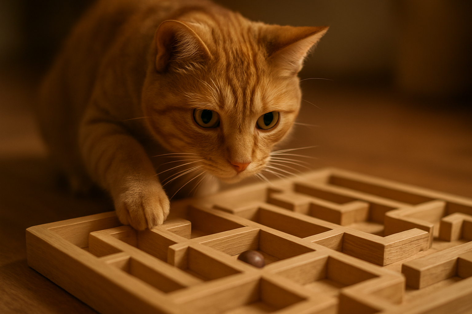Create a realistic image of a focused orange tabby cat intensely concentrating while navigating through a wooden maze toy, with the cat's eyes fixed on a small ball or treat visible through one of the maze openings, wooden puzzle pieces and pathways creating an intricate pattern, warm natural lighting highlighting the cat's alert expression and concentrated posture, shallow depth of field emphasizing the cat's engagement with the toy, cozy indoor setting with soft shadows, absolutely NO text should be in the scene.