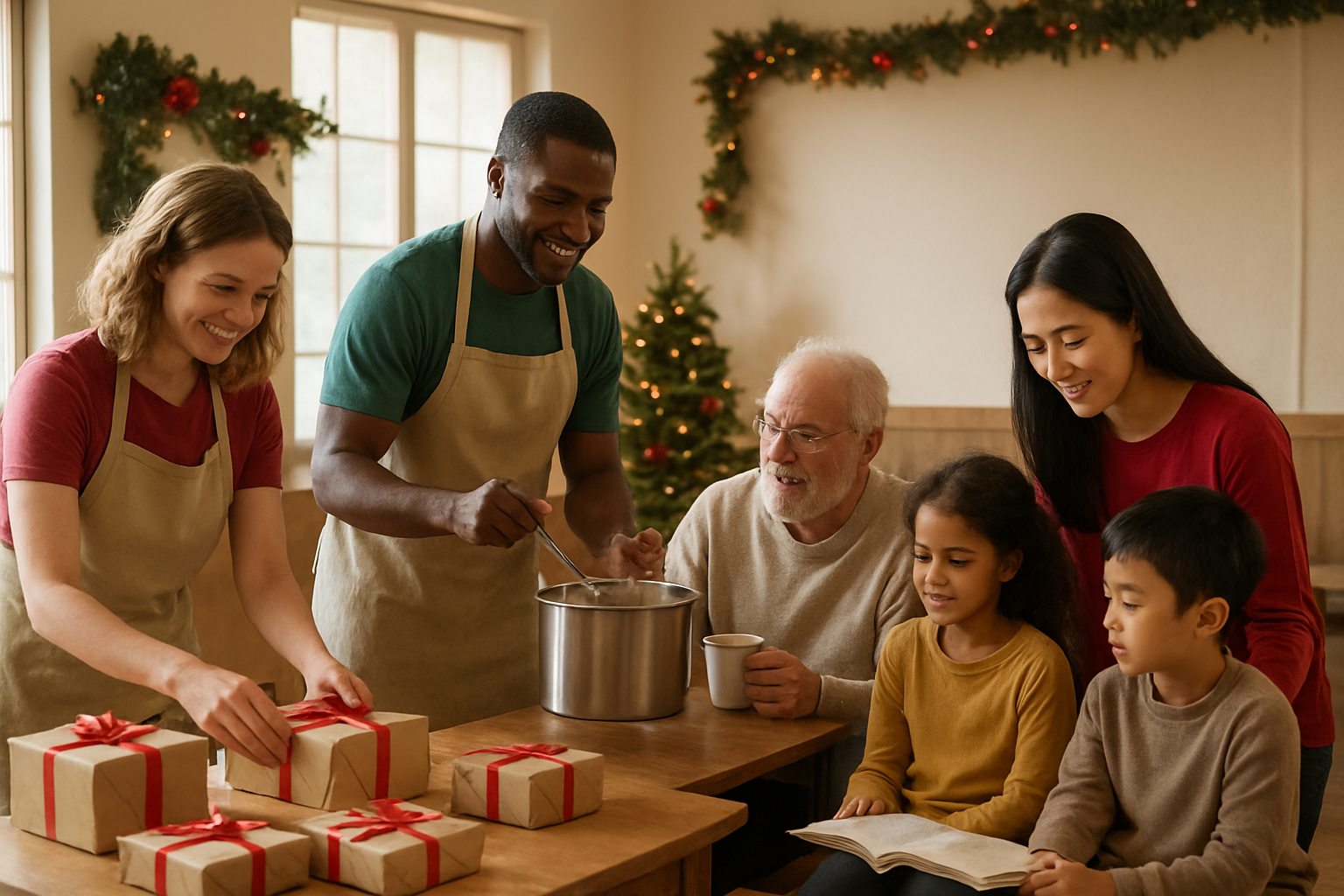 Create a realistic image of diverse volunteers engaged in various charitable activities during Christmas time, showing a white female organizing gift boxes, a black male distributing warm meals to elderly people, and an Asian female reading to children, all in a warm community center decorated with subtle Christmas elements like garland and a small tree, with soft natural lighting streaming through windows creating a welcoming and generous atmosphere. Absolutely NO text should be in the scene.