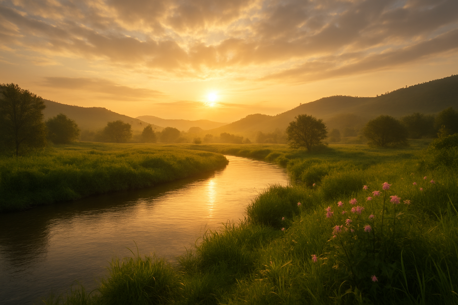 Create a realistic image of a serene dawn landscape with golden sunlight breaking through soft clouds over rolling hills, featuring a gentle flowing river in the foreground reflecting the warm light, with fresh green vegetation and blooming flowers along the riverbank symbolizing new growth and renewal, surrounded by an atmosphere of peaceful transformation and hope, shot with soft natural lighting that creates a sense of spiritual awakening and rebirth, absolutely NO text should be in the scene.