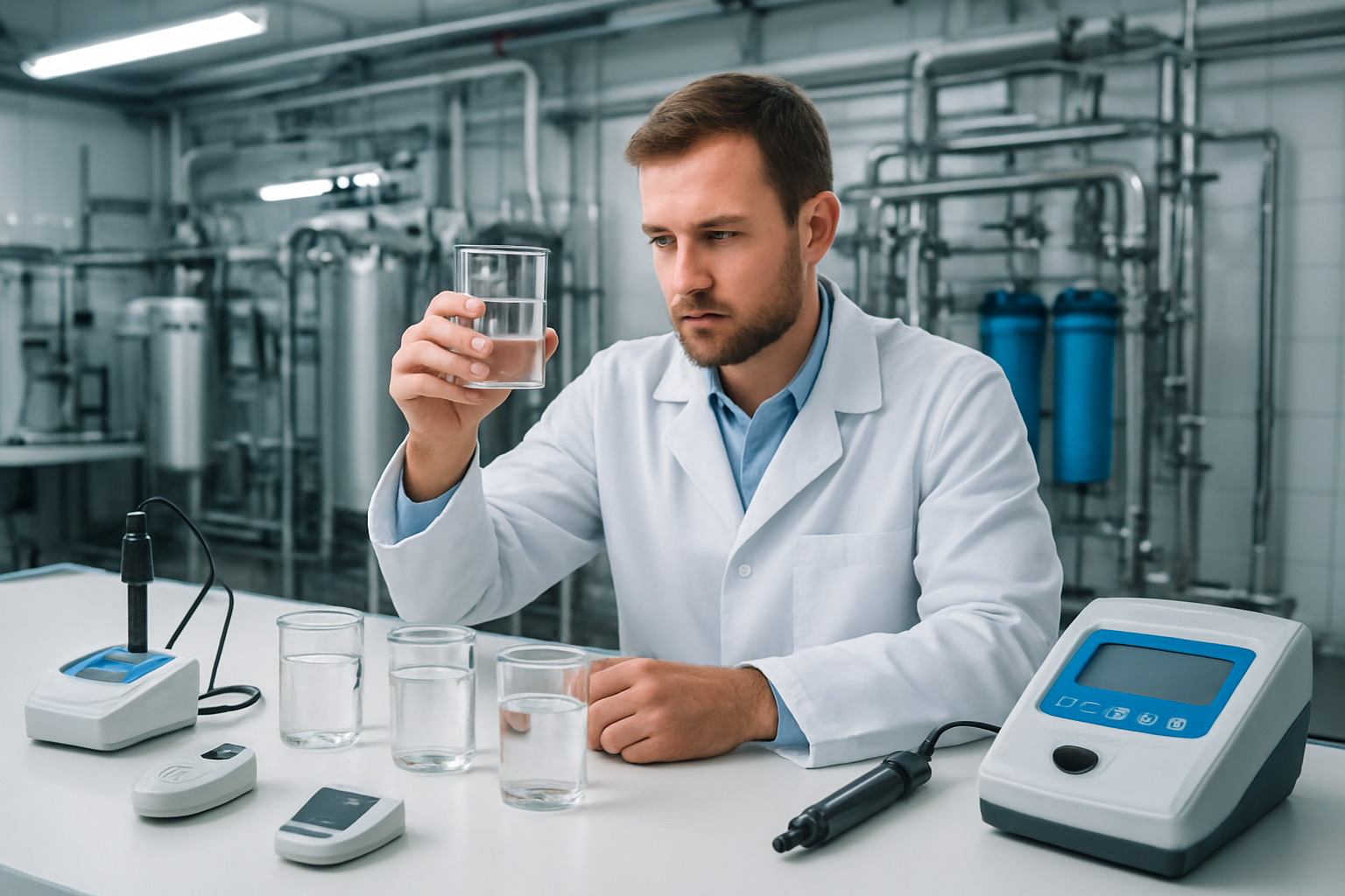 Create a realistic image of a professional water testing laboratory scene in an industrial setting with scientific equipment including water sample beakers, pH meters, turbidity meters, and testing instruments on a clean white laboratory bench, with a white male technician in a lab coat carefully examining water samples under bright fluorescent lighting, industrial pipes and water filtration equipment visible in the background, conveying a sterile and precise quality control environment. Absolutely NO text should be in the scene.