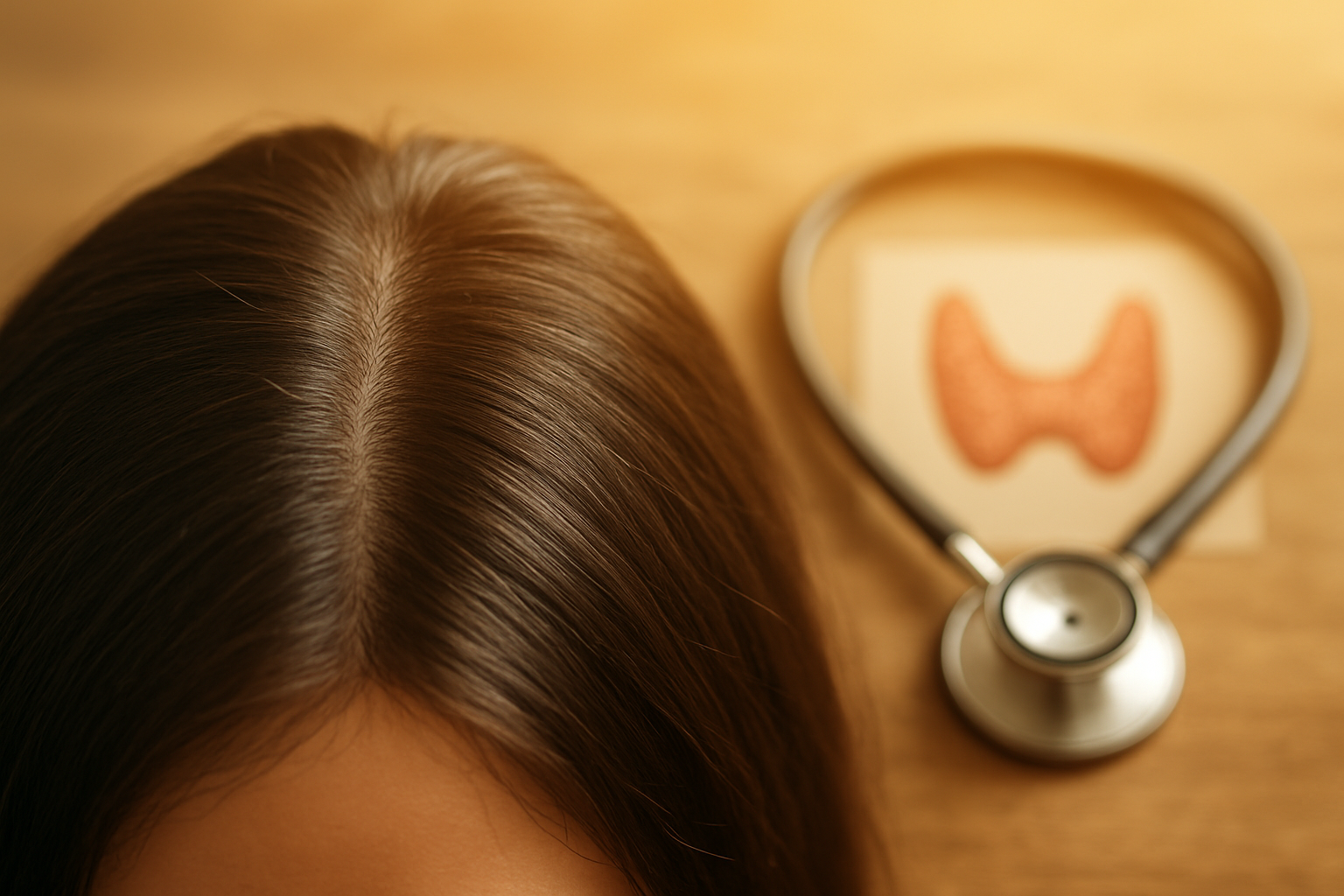 Create a realistic image of a close-up view showing healthy, thick hair growing from a scalp, with soft natural lighting highlighting the hair's shine and vitality, alongside subtle medical elements like a stethoscope and thyroid gland illustration in the background, conveying hope and recovery, with warm golden lighting creating an optimistic and healing atmosphere, absolutely NO text should be in the scene.