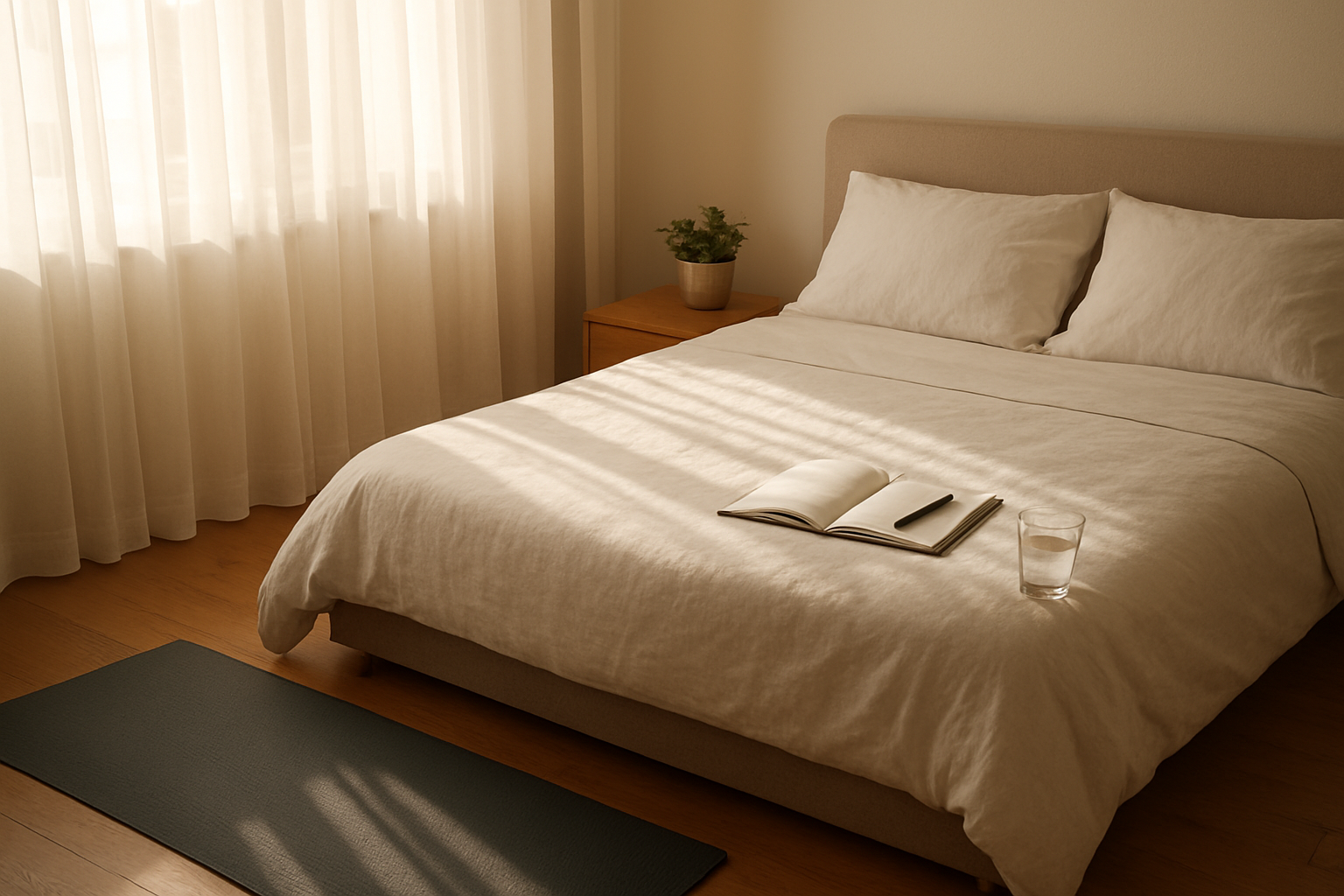 Create a realistic image of a peaceful morning scene showing a neatly made bed with sunlight streaming through sheer curtains, a bedside table with a glass of water, an open journal with a pen, and a small potted plant, alongside a yoga mat rolled out on a wooden floor with soft natural lighting creating a calm and organized atmosphere that represents successful morning routines, absolutely NO text should be in the scene.